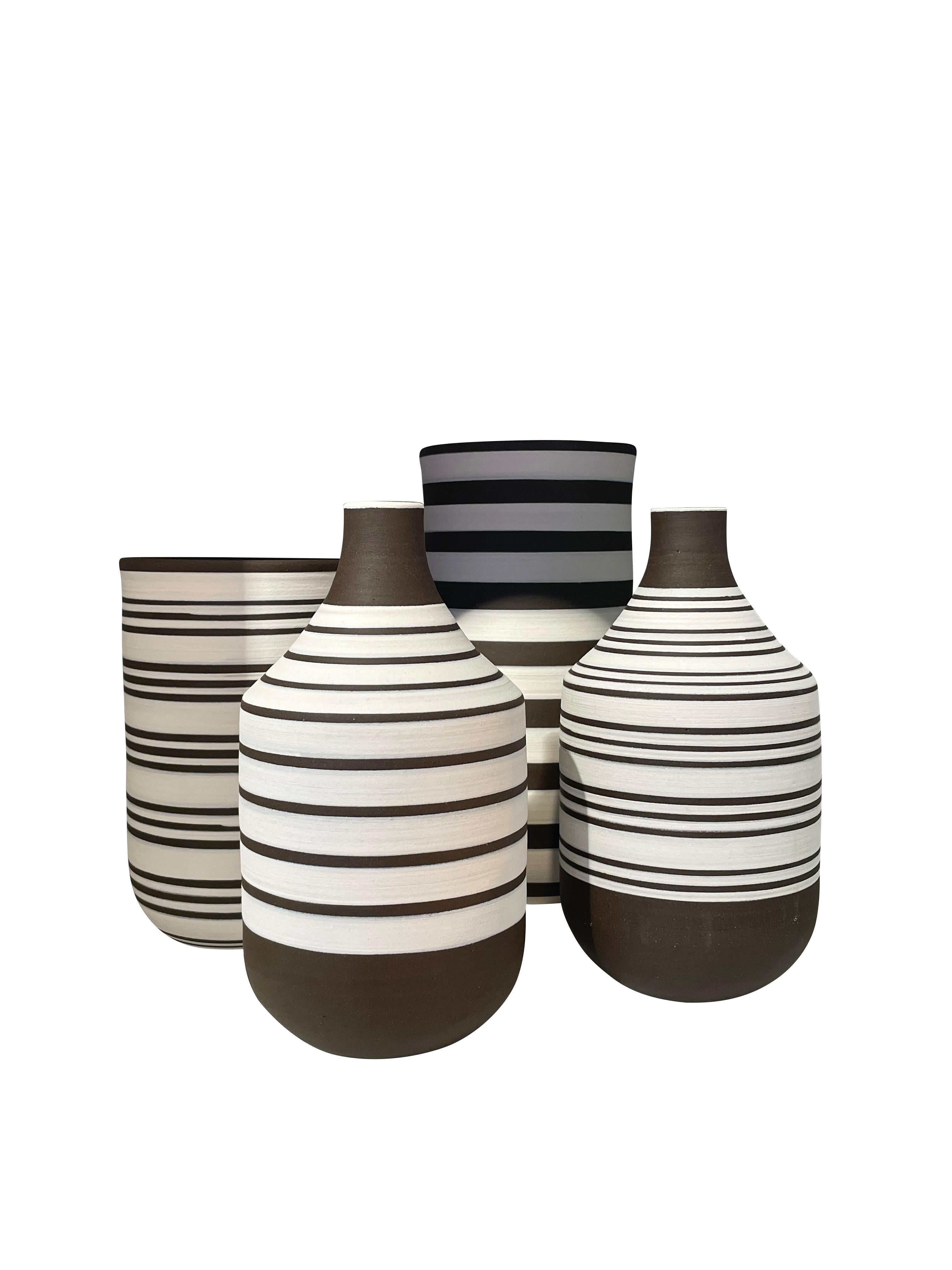 White Ground with Dark Brown Triple Stripes Ceramic Vase, Turkey, Contemporary In New Condition In New York, NY