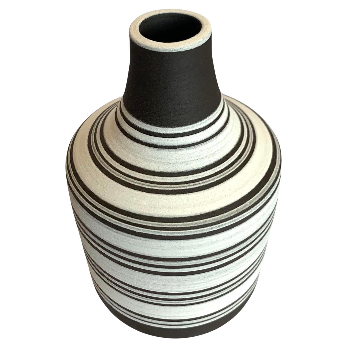 White Ground with Dark Brown Triple Stripes Ceramic Vase, Turkey, Contemporary