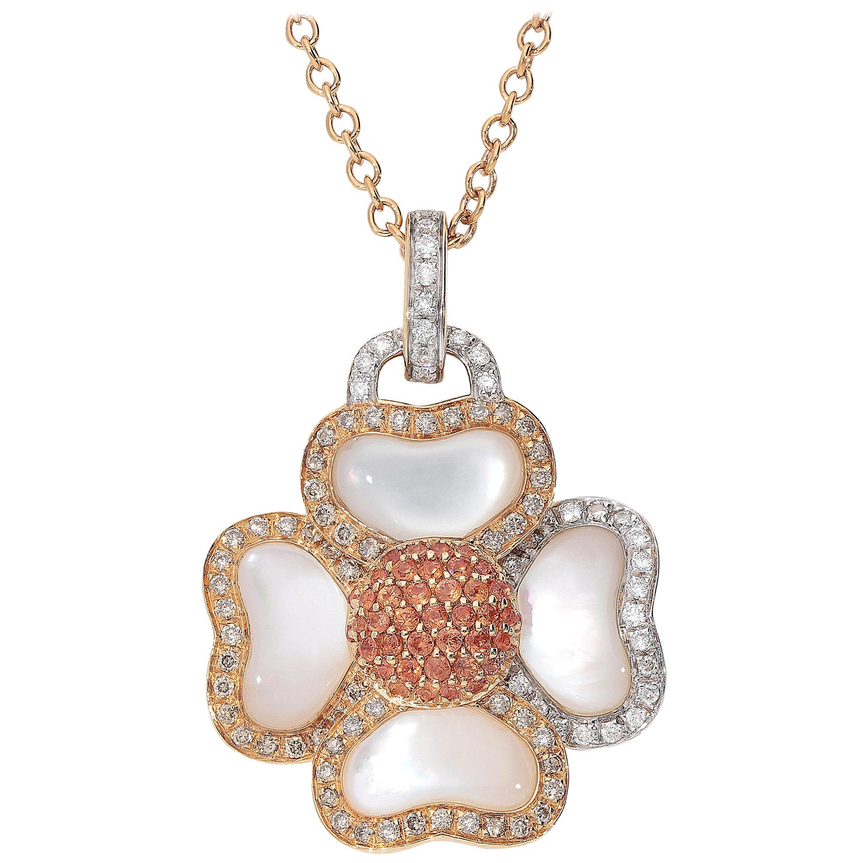 White GSI and Brown Diamonds Orange Sapphires 18 Karat Pink Gold Flower Necklace For Sale
