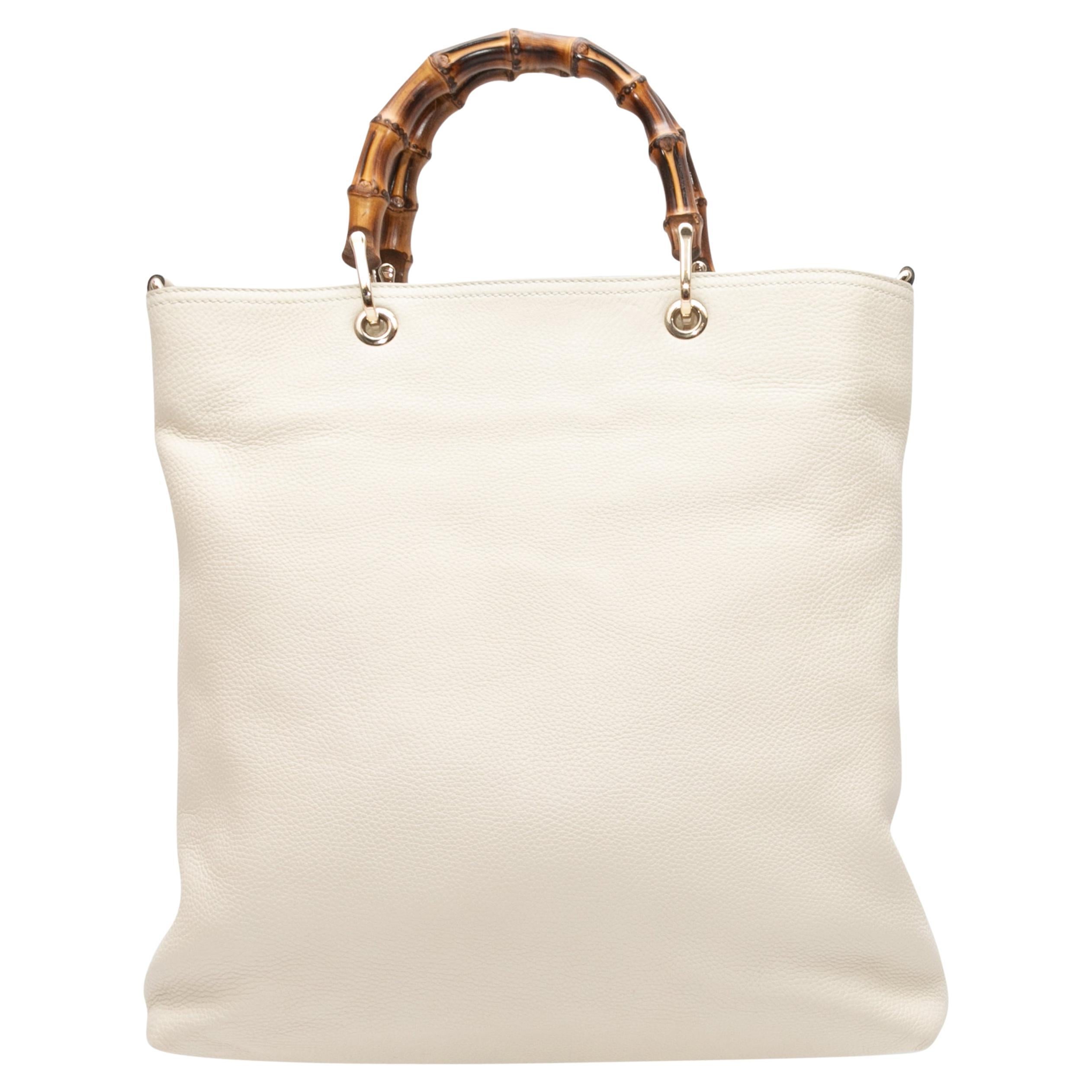 White Gucci Leather & Bamboo Shopping Tote For Sale