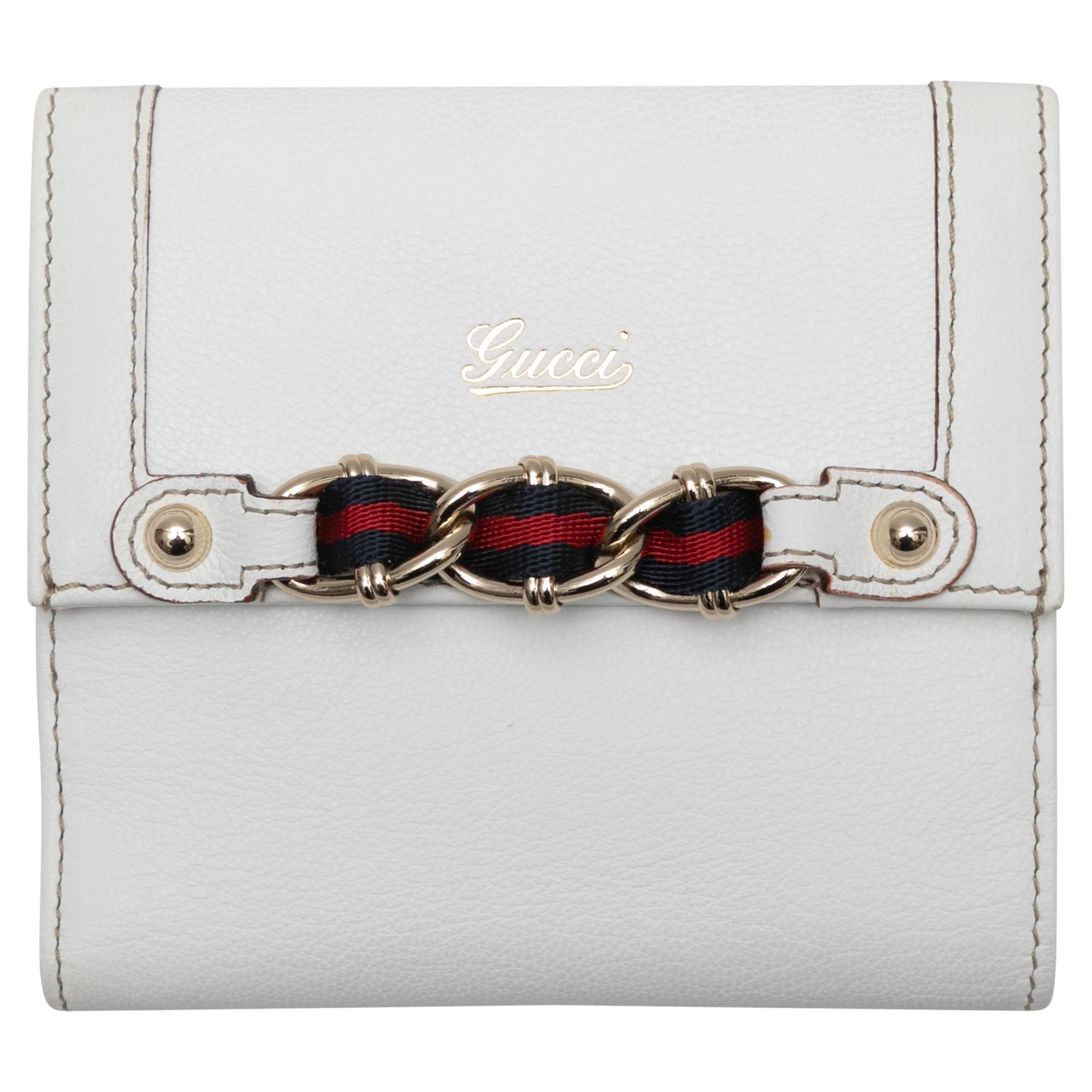 White Gucci Leather Web-Trimmed Wallet For Sale