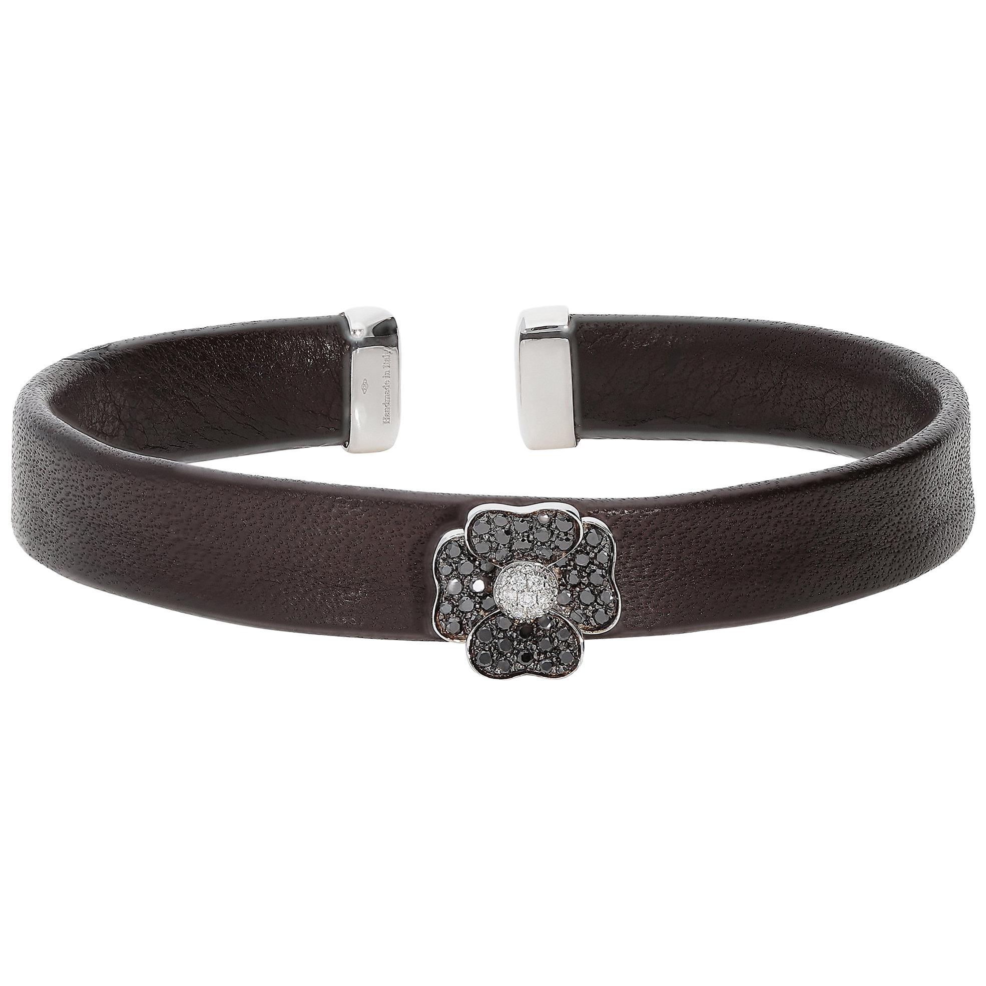 White GVS and Black Diamonds Leather 18 Karat White Gold Flower Bangle Bracelet For Sale