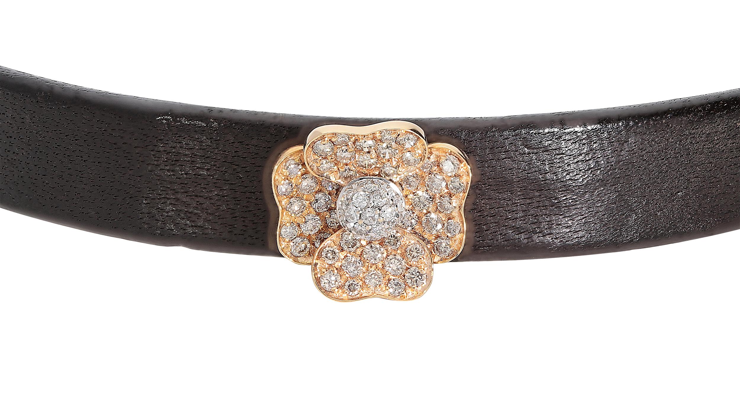 Modern White GVS and Brown Diamonds Leather 18 Karat Pink Gold Flower Bangle Bracelet For Sale