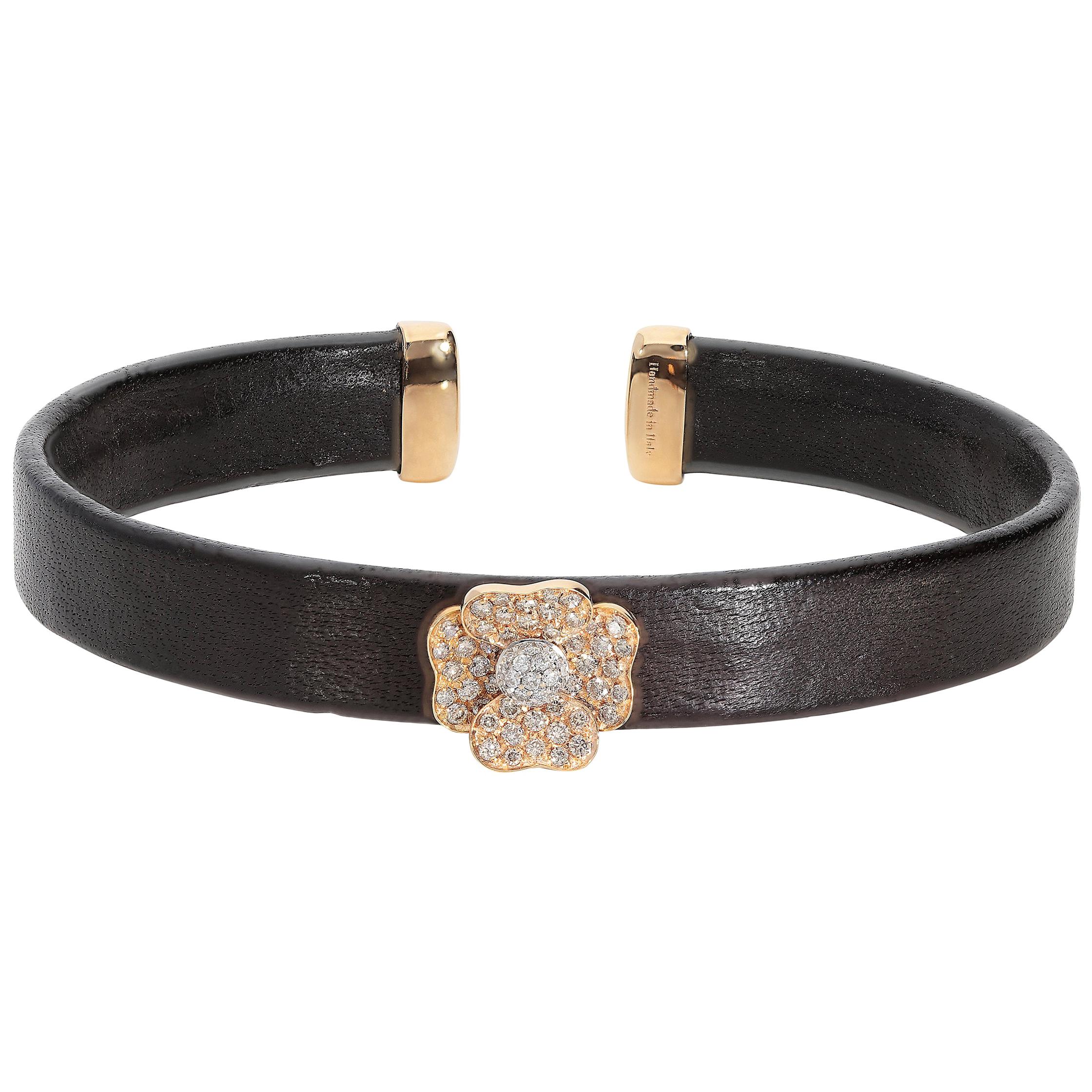 White GVS and Brown Diamonds Leather 18 Karat Pink Gold Flower Bangle Bracelet For Sale