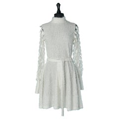 White "hairy" dress with tulle sleeves and white petals appliqué BALENCIAGA