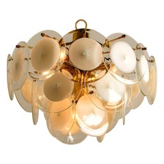 Vintage White Hand Blown Glass and Brass Chandelier in the Style of Vistosi, Italy