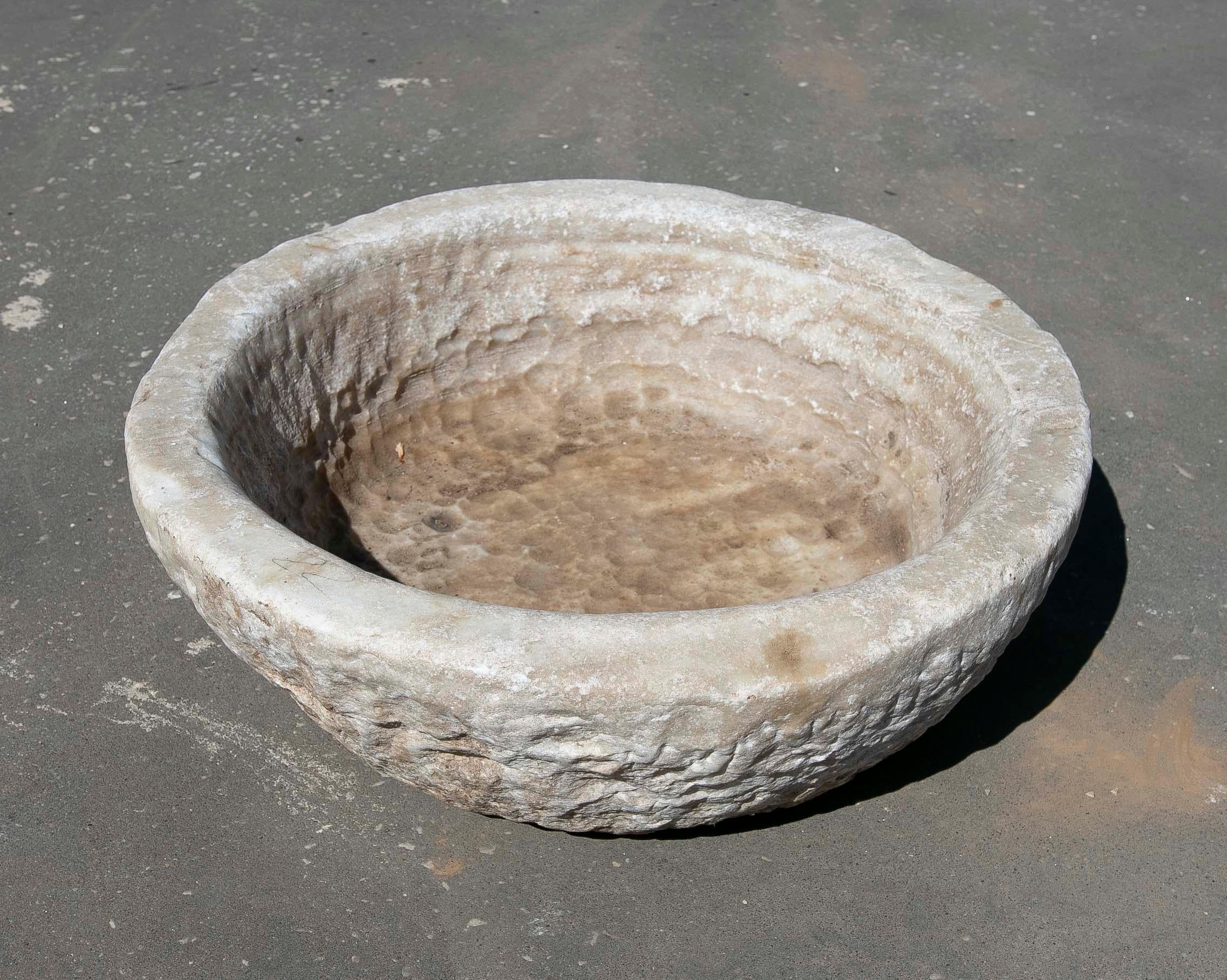 White Hand-Carved Marble Washbasin with One Sink in a Single Block.