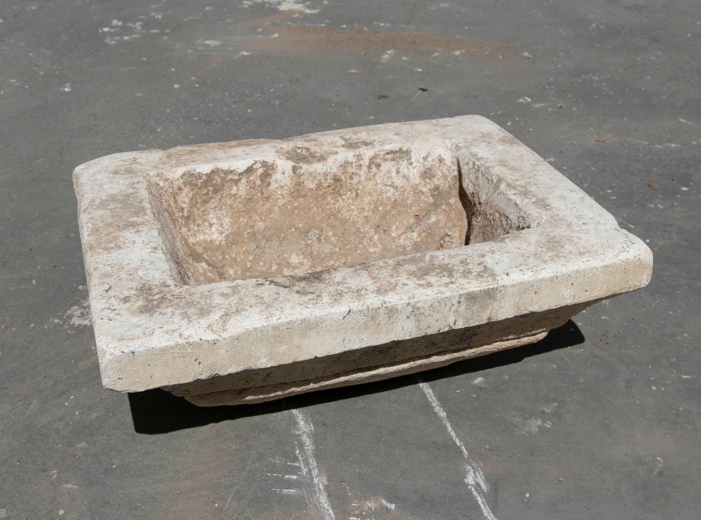 Spanish White Hand-Carved Marble Washbasin with One Sink in a Single Block For Sale