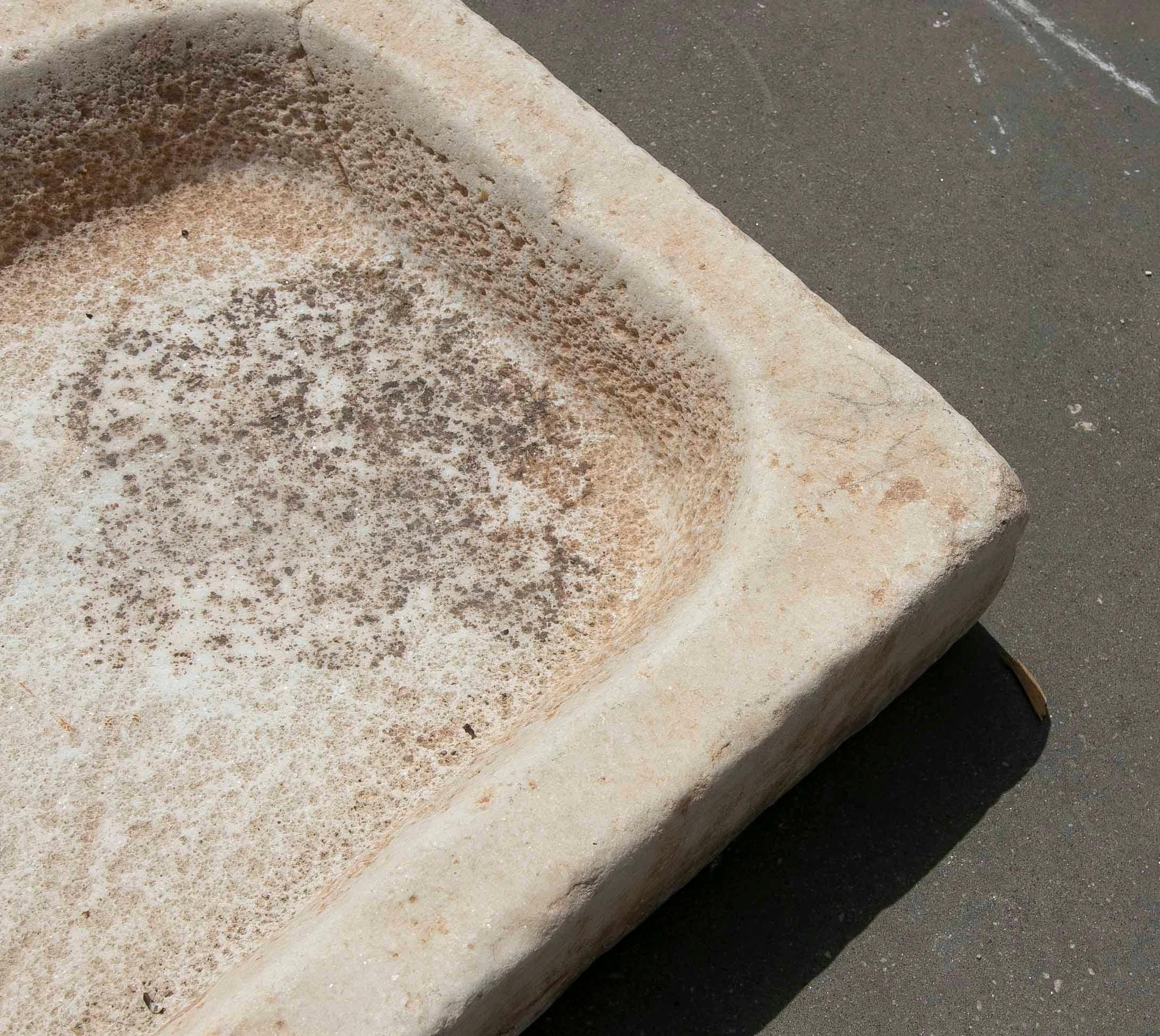 Spanish White Hand Carved Marble Washbasin with One Sink in a Single Block For Sale