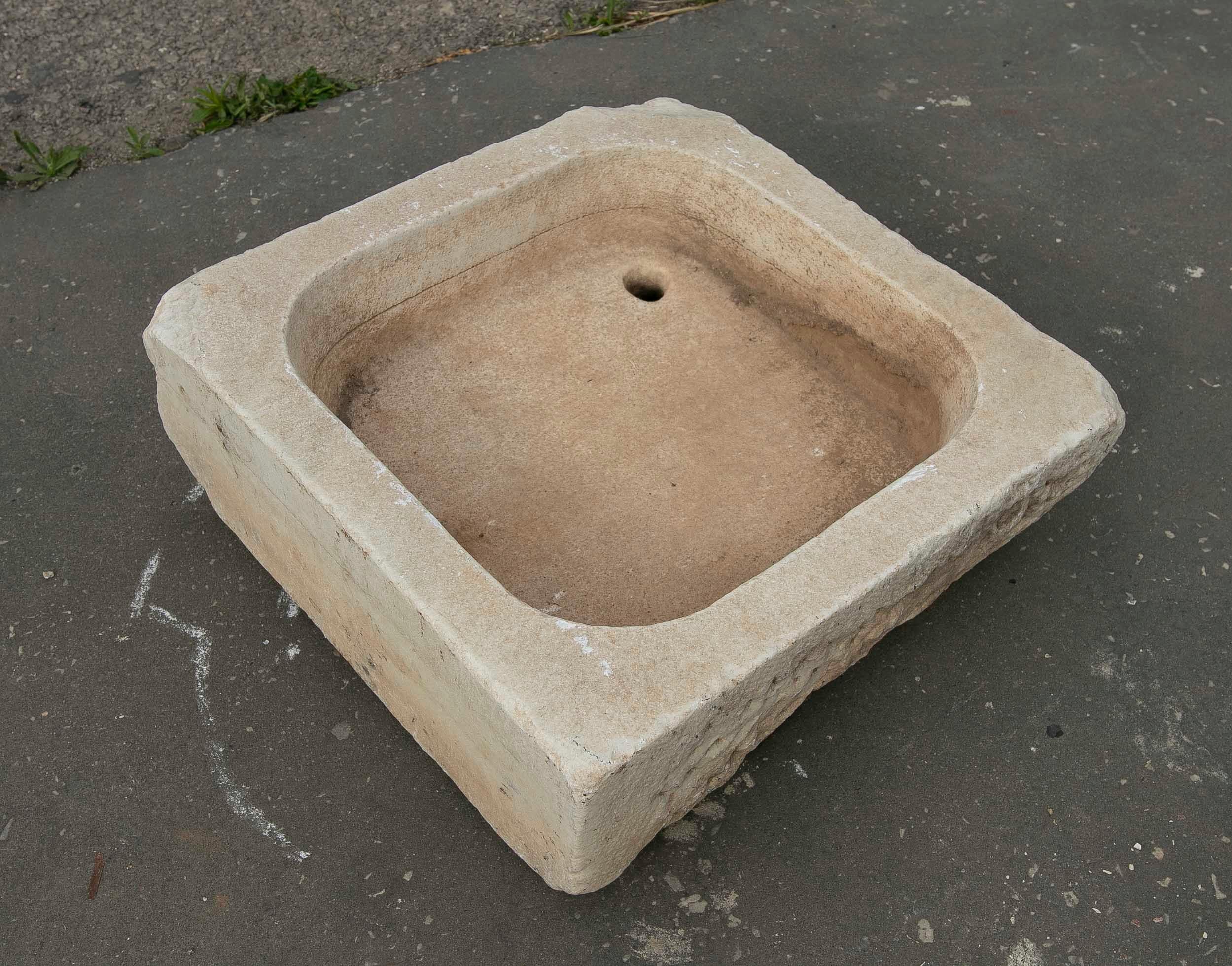 Spanish White Hand-Carved Marble Washbasin with One Sink in a Single Block For Sale