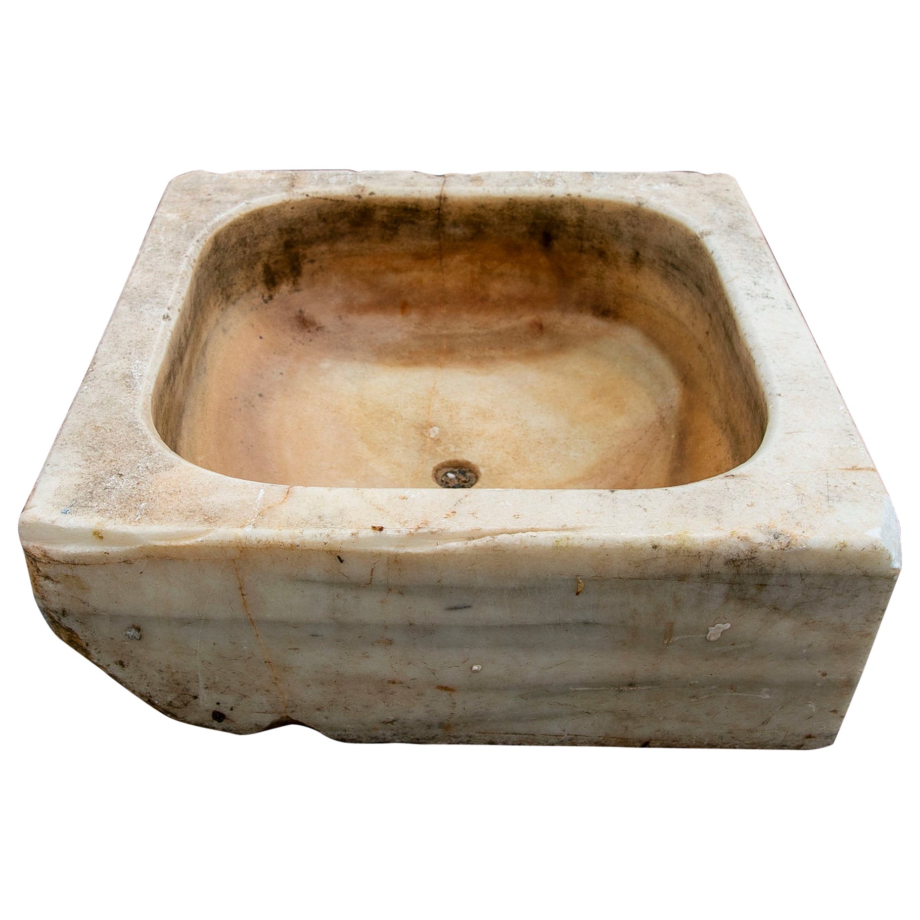 White Hand-Carved Marble Washbasin with One Sink in a Single Block