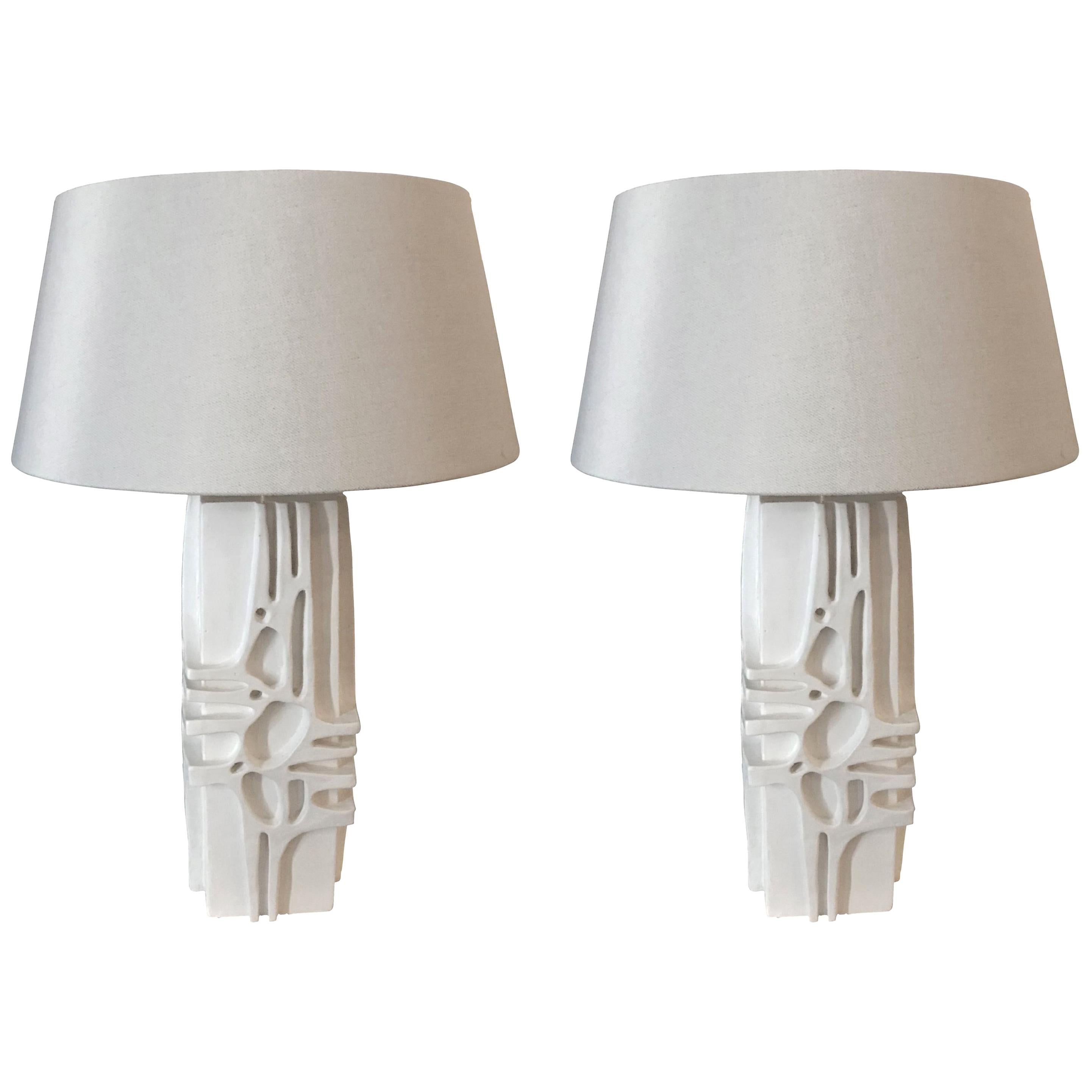 White Hand Engraved Plaster Design Pair Lamps, France, Contemporary
