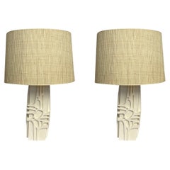 White Hand Engraved Plaster Design Pair Lamps, France, Contemporary