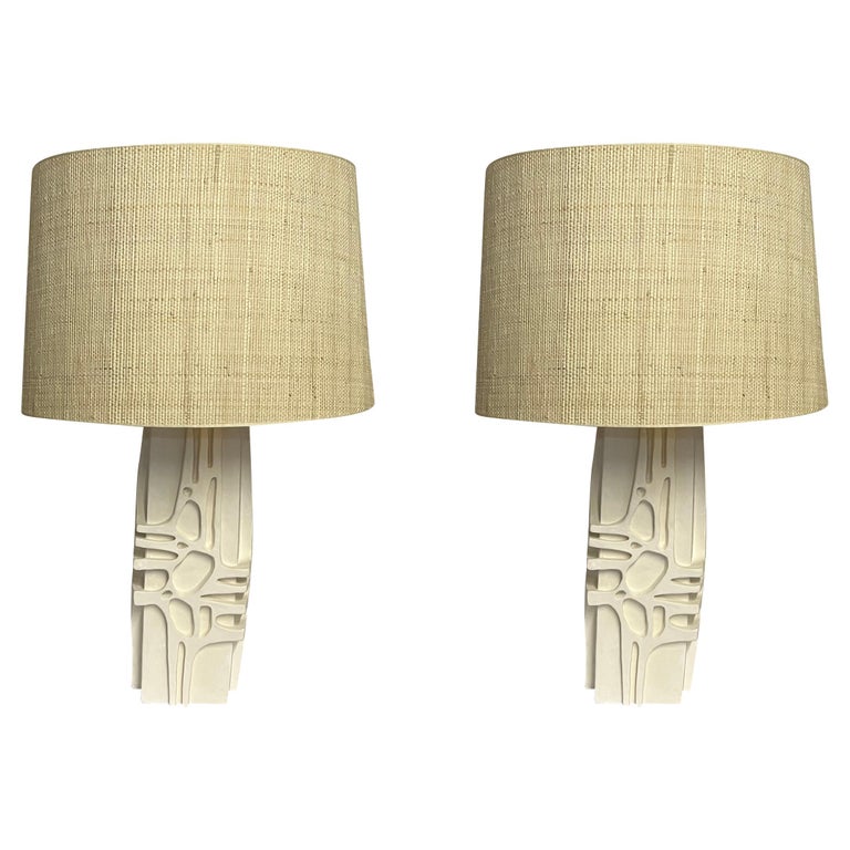 White Hand Engraved Plaster Design Pair Lamps, France, Contemporary For Sale