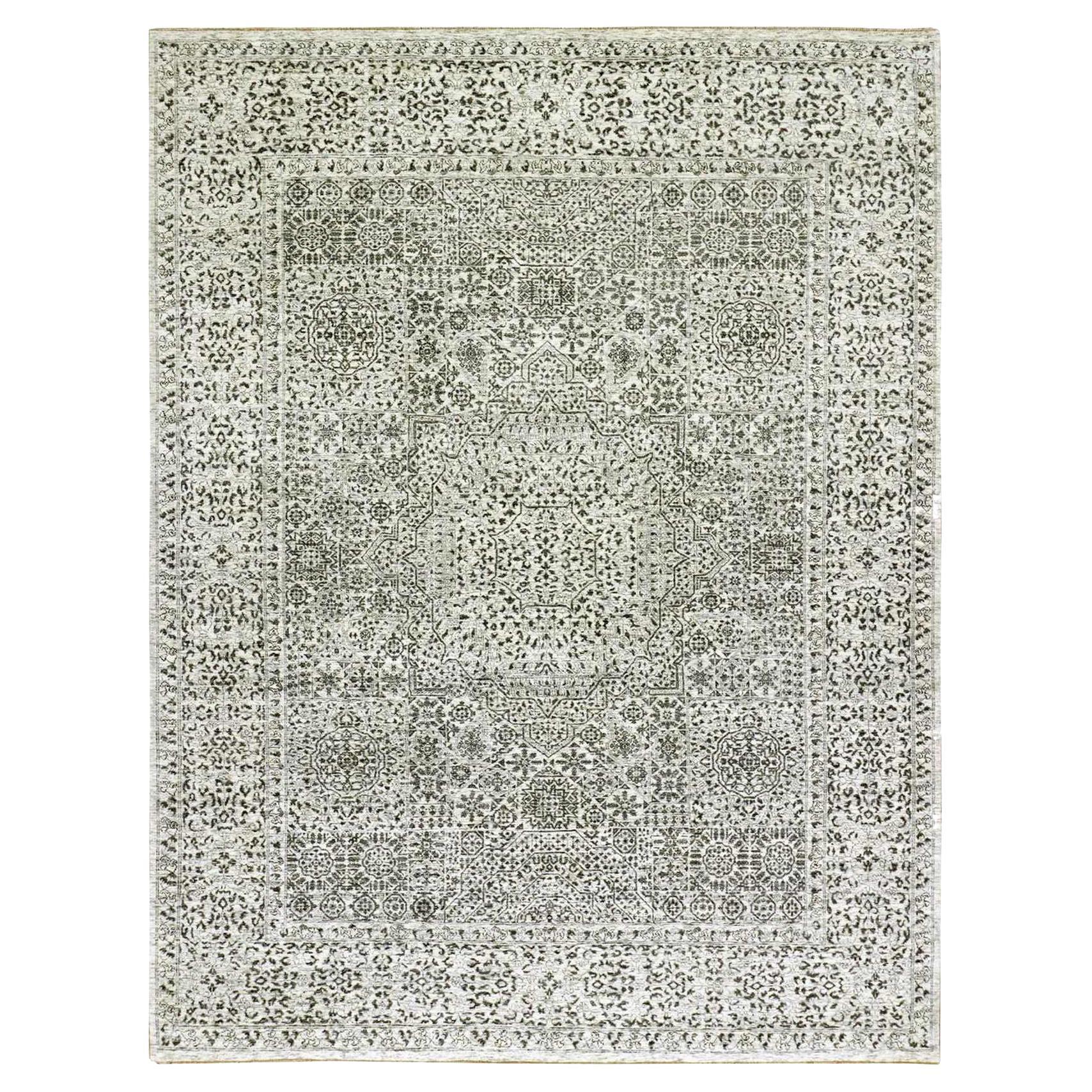 White Hand Knotted Mamluk Dynasty Tone on Tone Design Undyed Wool 9'1" x 12'0"