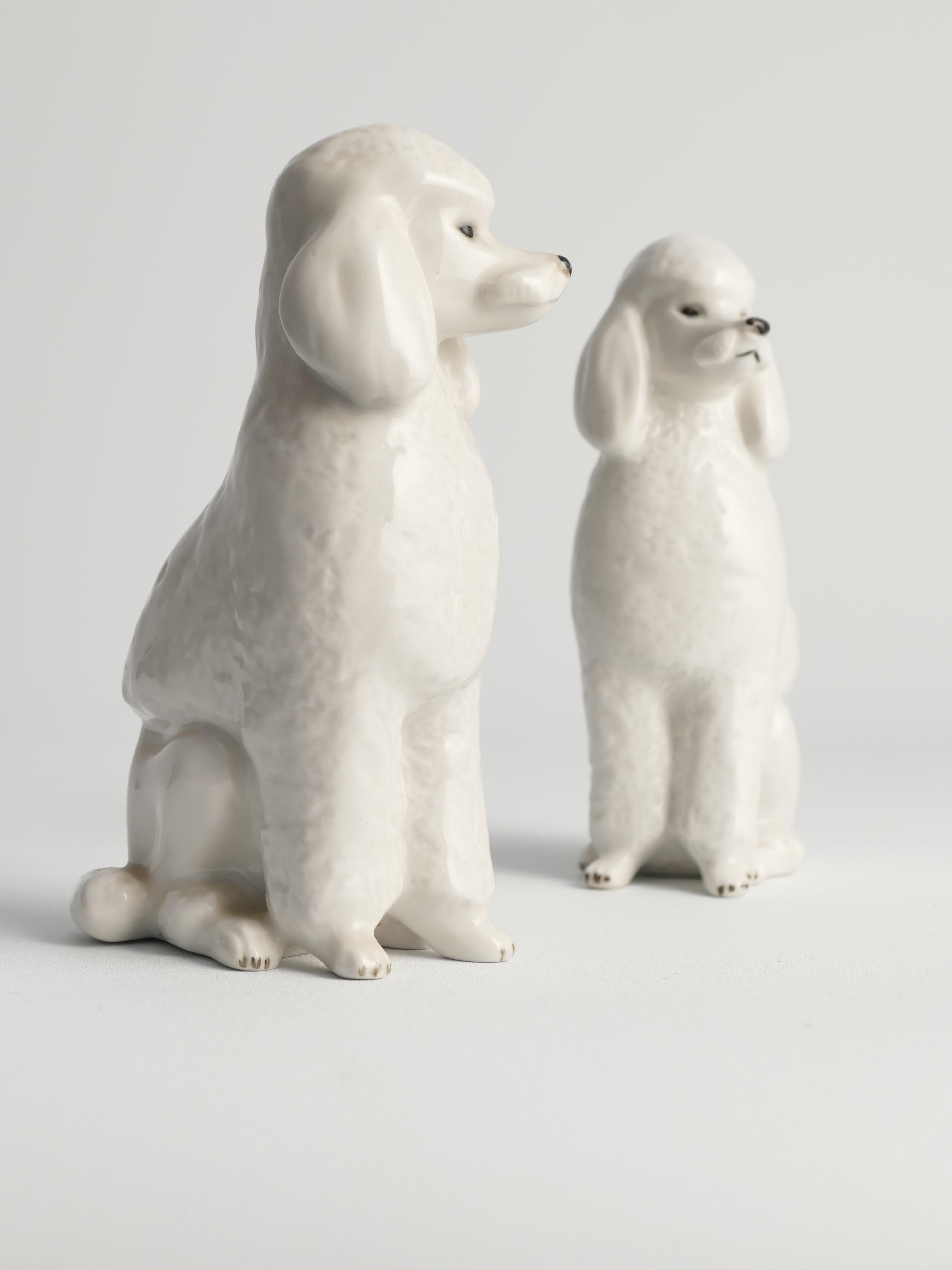 Perros caniche de porcelana blanca pintados a mano por Lomonosov, soviéticos, años 60, lote de 2 Ruso en venta