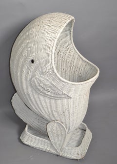 White Hand-Woven Rattan Dolphin Storage Toy Basket Sculpture 1970 Bohemian Chic