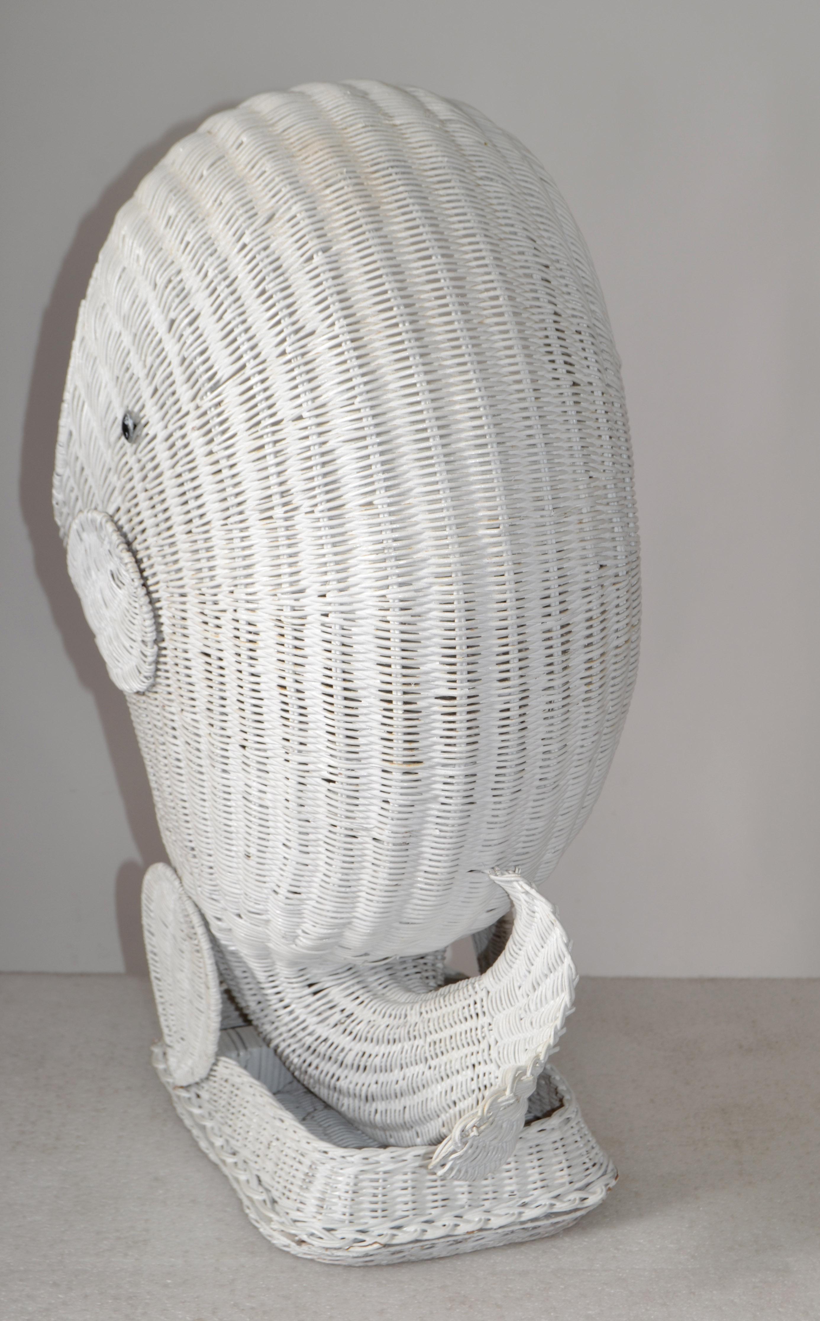 White Hand-Woven Rattan Dolphin Storage Toy Basket Sculpture 1970 Bohemian Chic For Sale 1