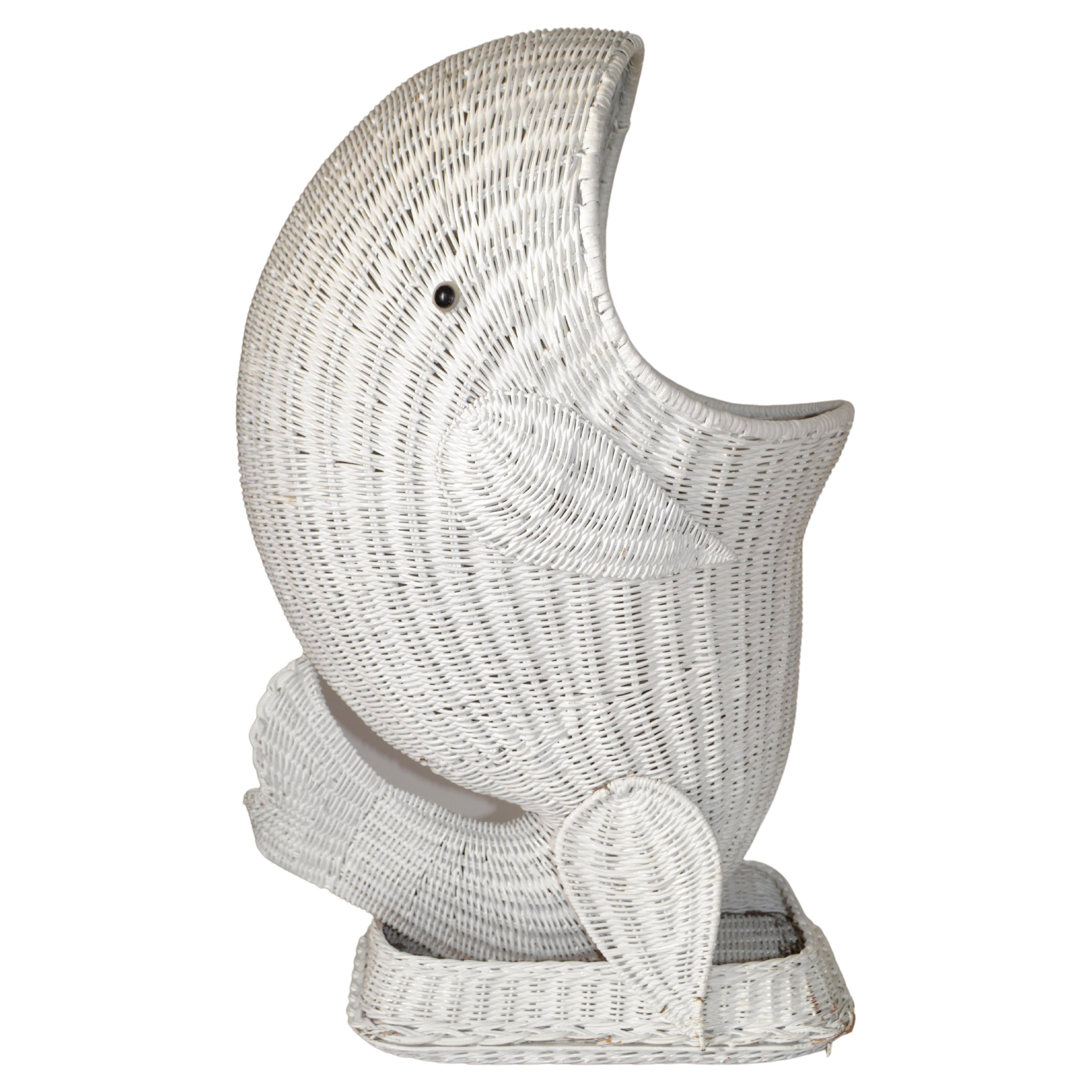 White Hand-Woven Rattan Dolphin Storage Toy Basket Sculpture 1970 Bohemian Chic For Sale