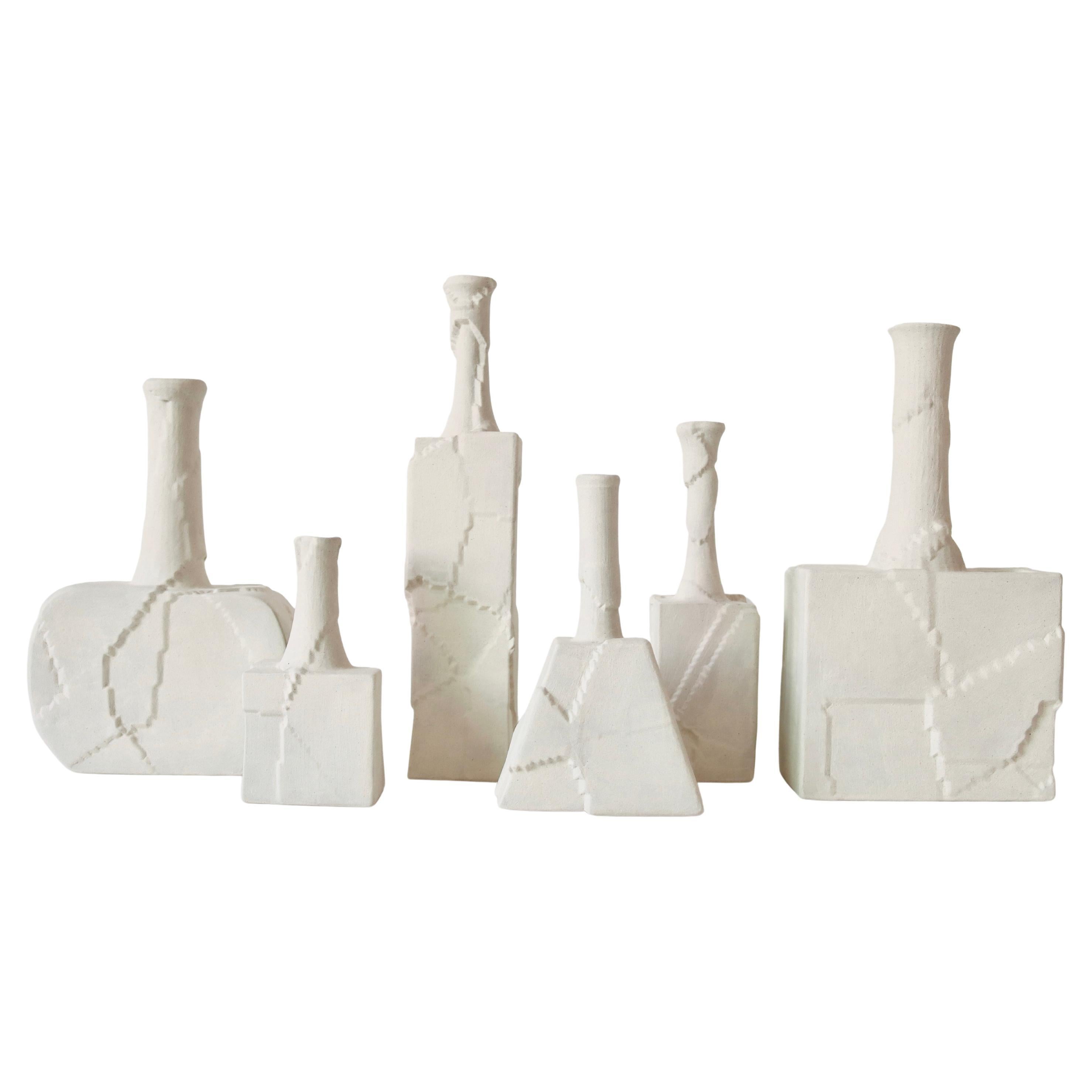 White Handmade Ceramic Vase -  Peeling Texture, Minimalism (Set of 6)