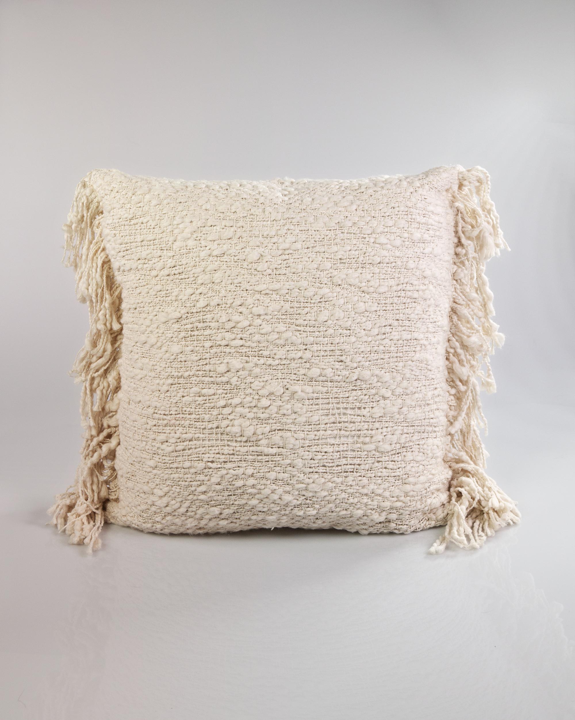 White Handmade Open Weft Cotton Throw Pillow, In stock For Sale 1