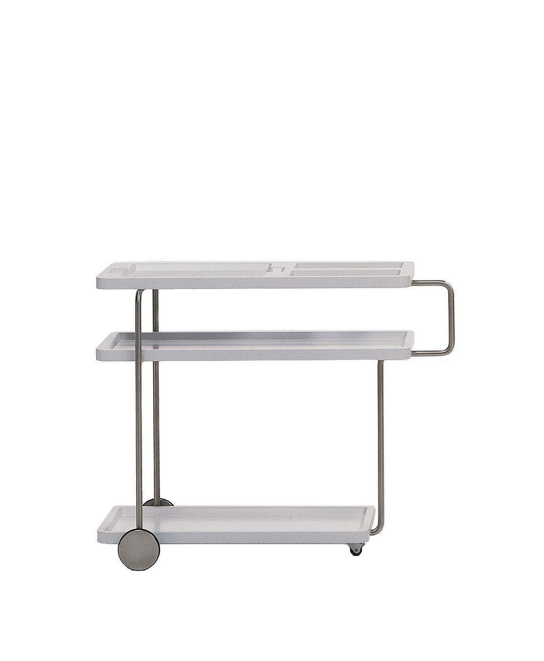 White happy hour trolley by Alfredo Häberli
Dimensions: D 43 x W 91 x H 73 cm 
Materials: Chromed iron structure. Heat-shaped ABS+PMMA plastic trays, painted with polyurethane micro-textured in matt white RAL 9003 or black RAL 9005. Back wheels in