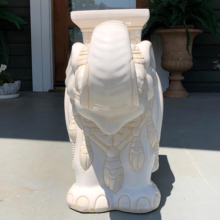 Chinoiserie White Happy Lucky Elephant with Trunk Up Garden Stool or Side Table