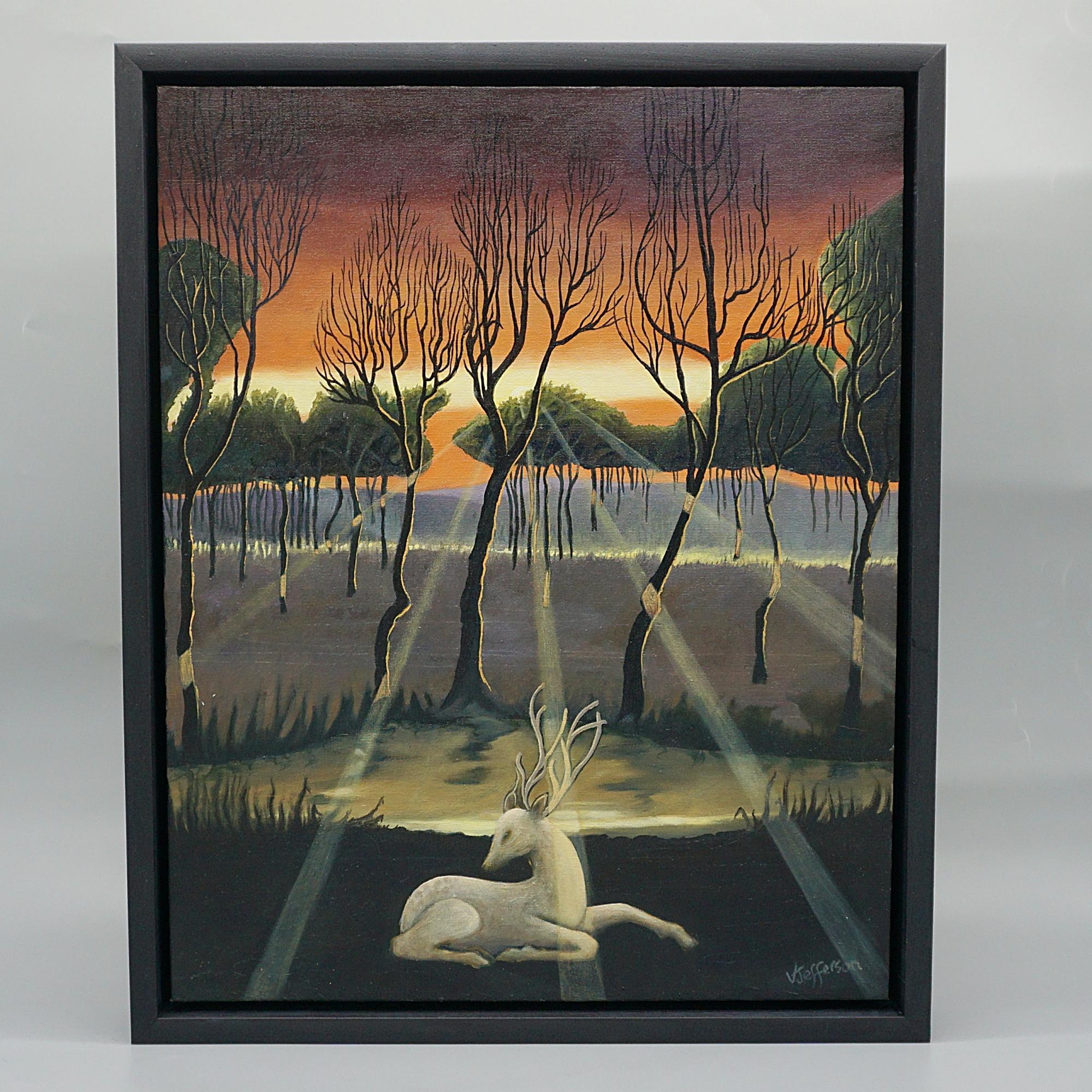 'White Hart'. An Art Deco style contemporary painting by Vera Jefferson. Oil on canvas, depicting a seated fallow deer against a stylised woodland. Signed V Jefferson to lower right. 

Dimensions: H 55cm W 45cm D 5cm 

Origin: English

Date: