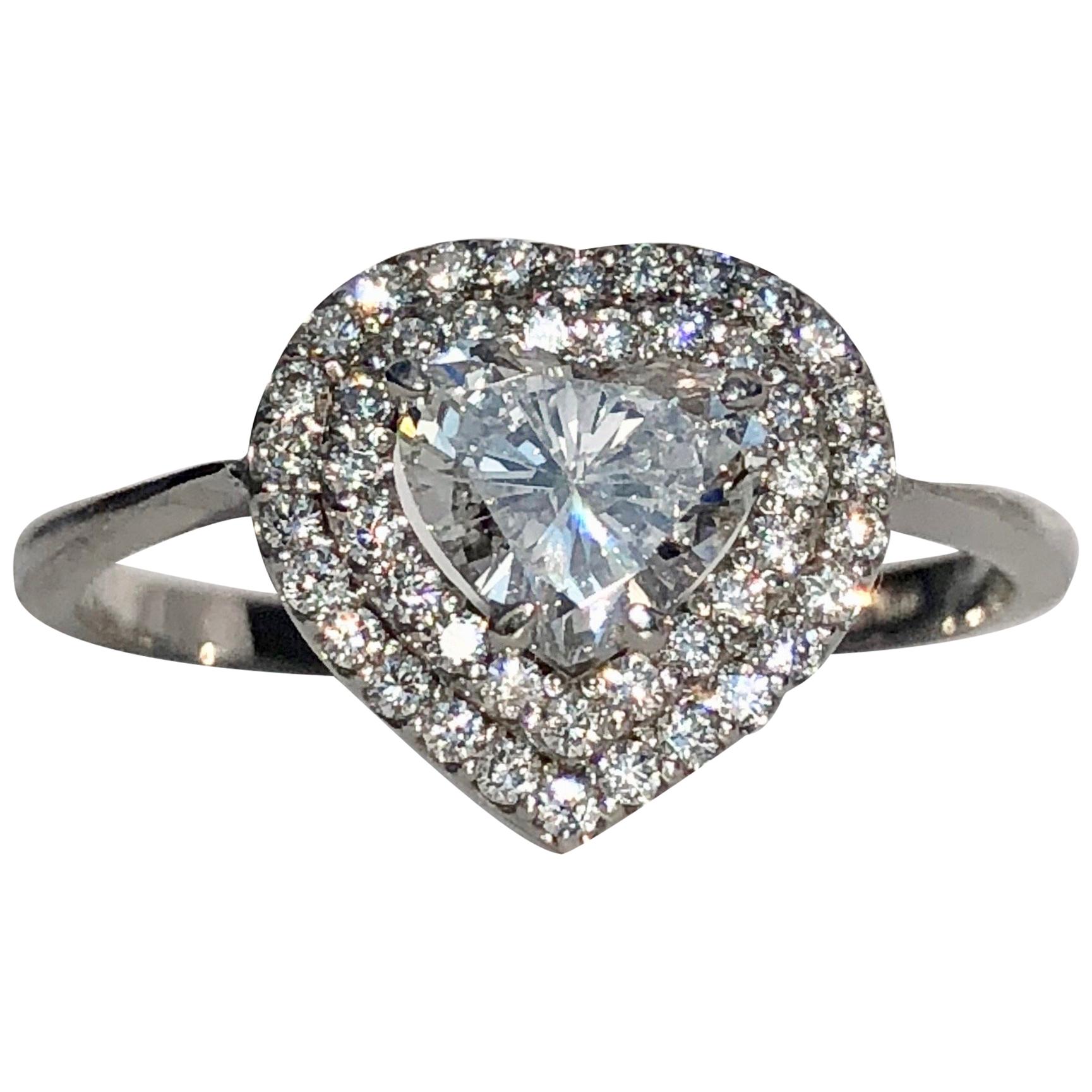 White Heart Brilliant Cut Diamond Double Halo 18 Karat Gold Engagement Ring