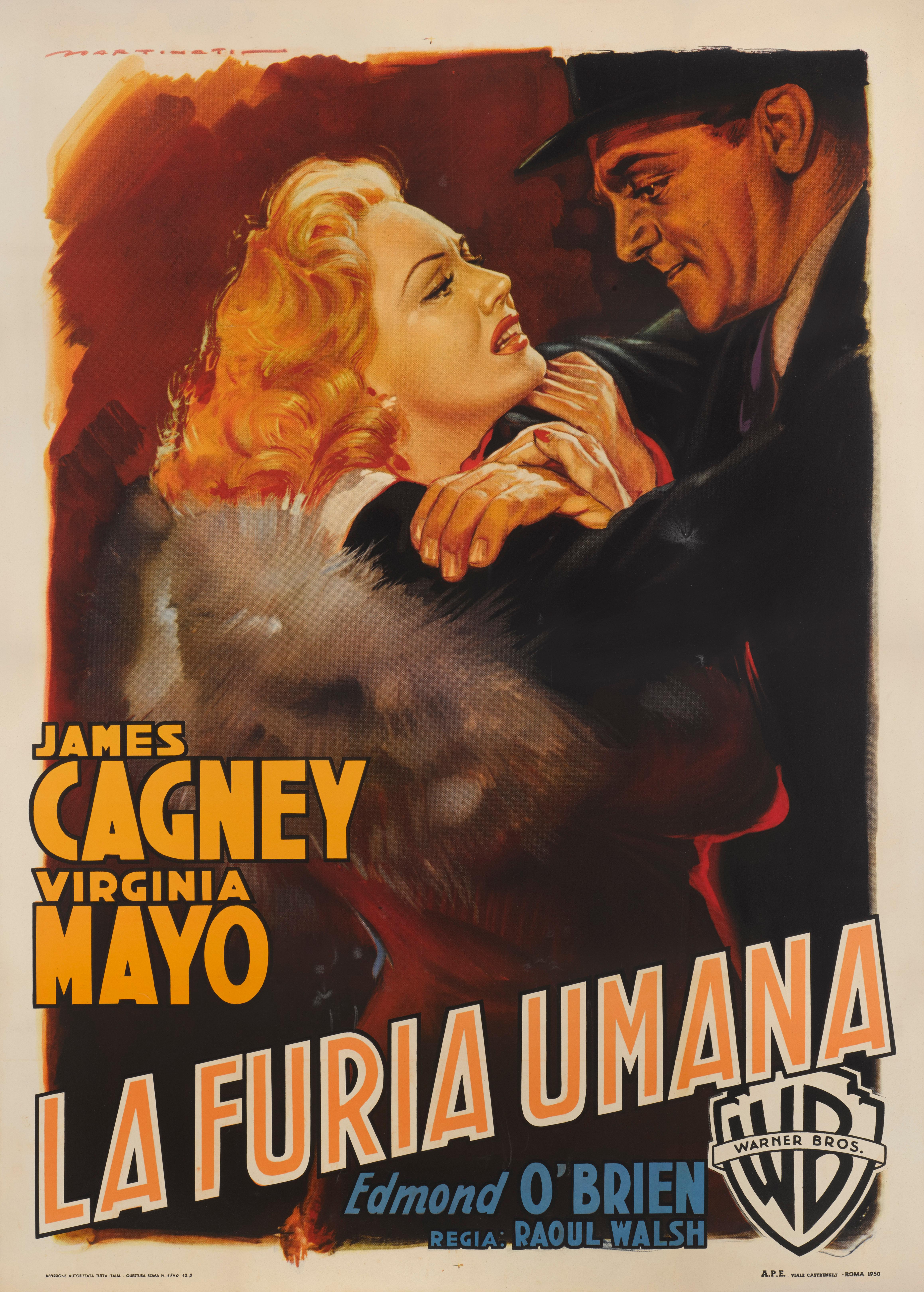 Original Italian film poster for White Heat, 1949. This film was directed by Raoul Walsh, and stars James Cagney, Virginia Mayo and Edmond O'Brien. Cagney was synonymous with gangster roles as he had played these parts since Public Enemy in 1931. He