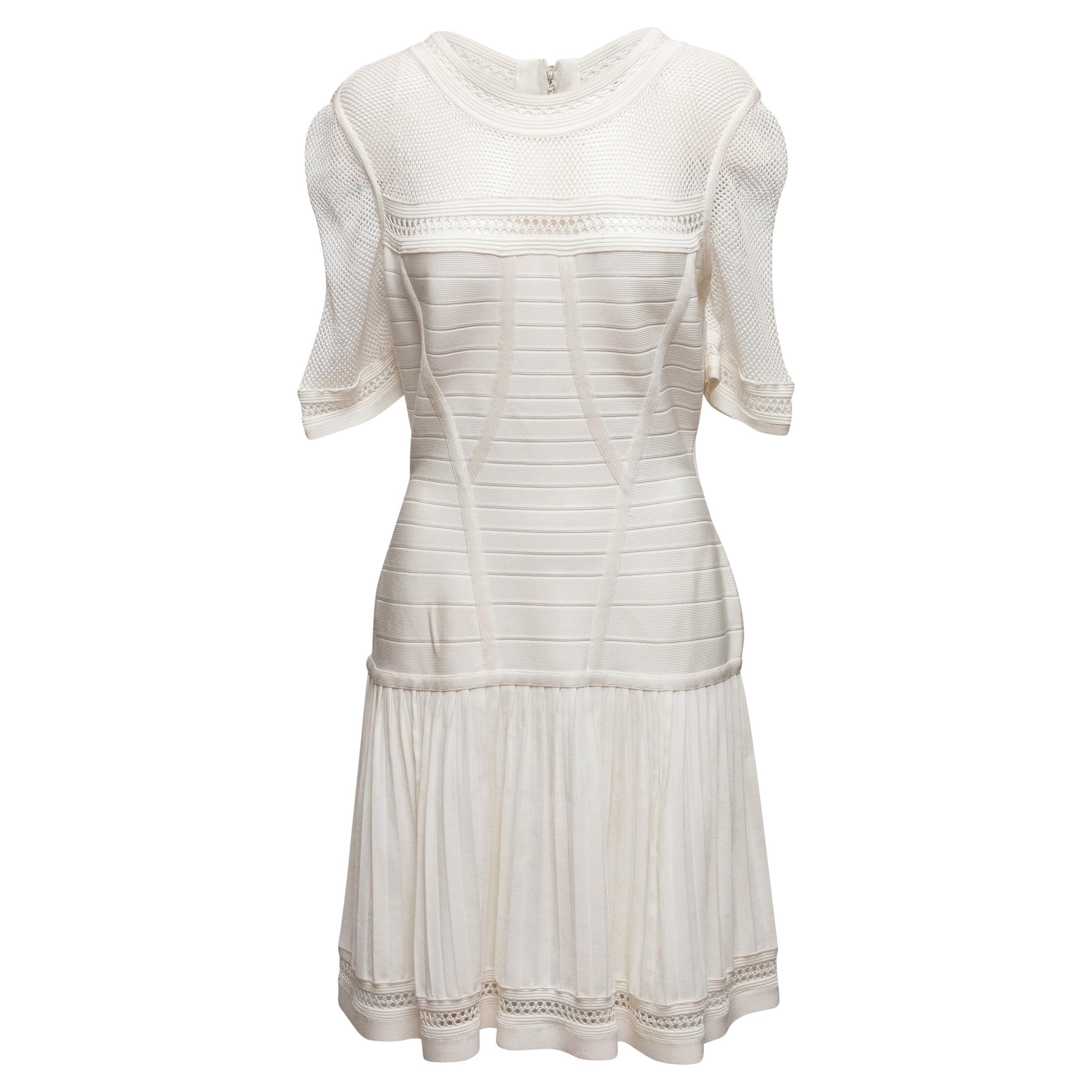 Weißes Herve Leger Minikleid mit Maschenbesatz Größe US L