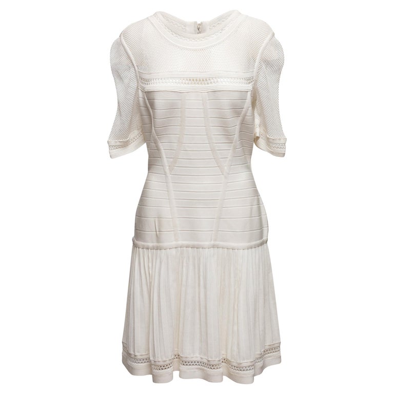 herve leger white mesh dress HERVE LEGER White Mesh Detail Ruched Bandage Bodycon Dress House Of Huntington