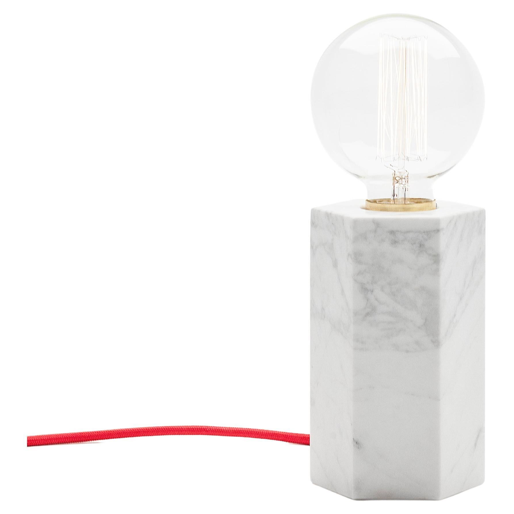 “White Hex Lamp” White Carrara Marble Minimalist Lamp by Aparentment For Sale