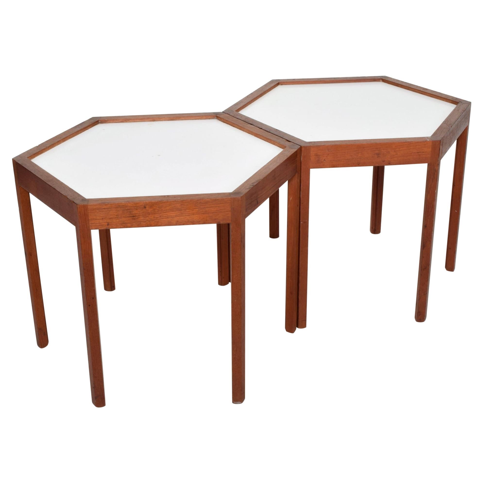 White Hexagonal Solid Teak Side Tables by Hans C Andersen 1960s Denmark