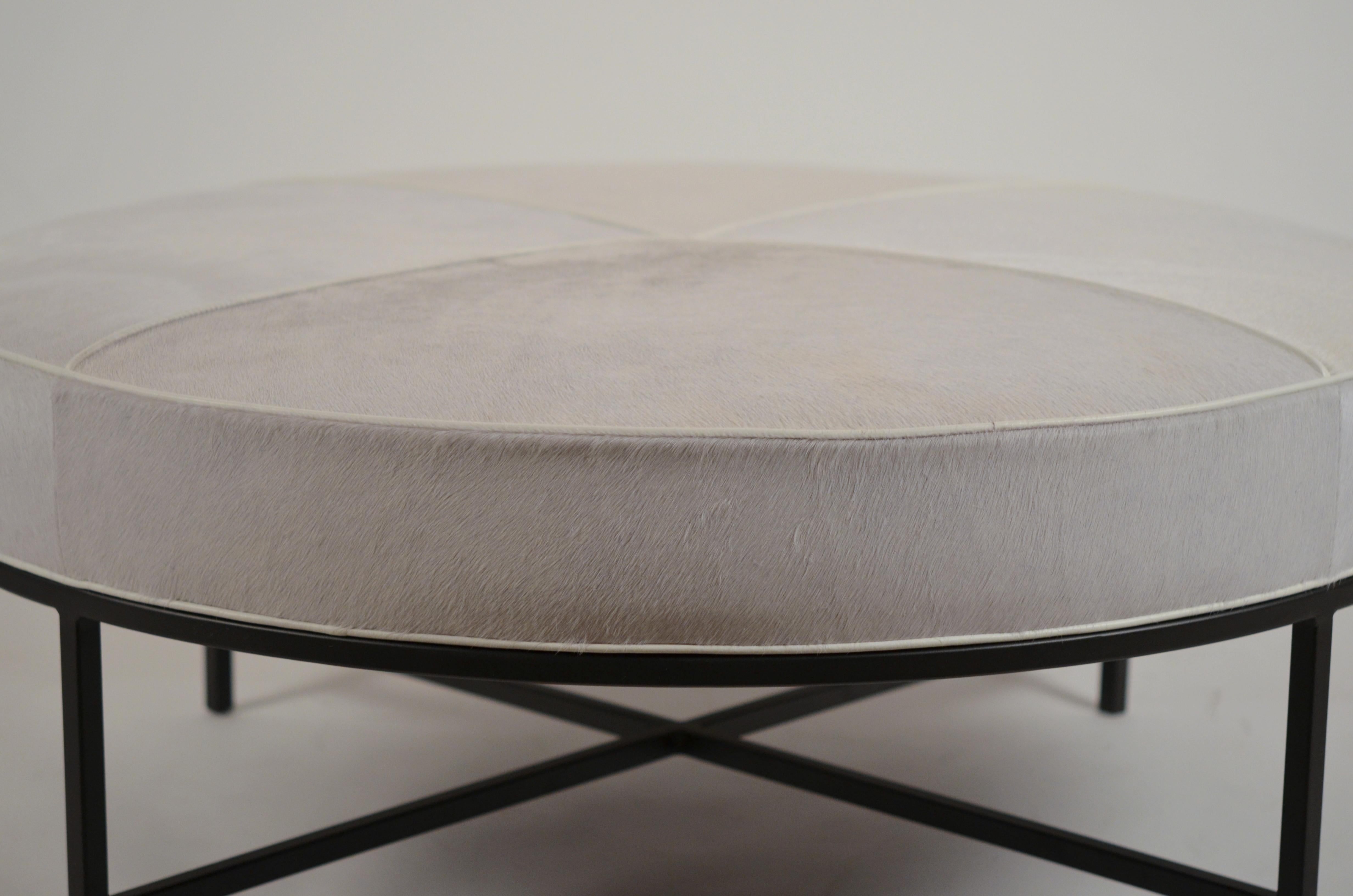 Modern White Hide and Matte Black 'Tambour' Round Ottoman by Design Frères For Sale