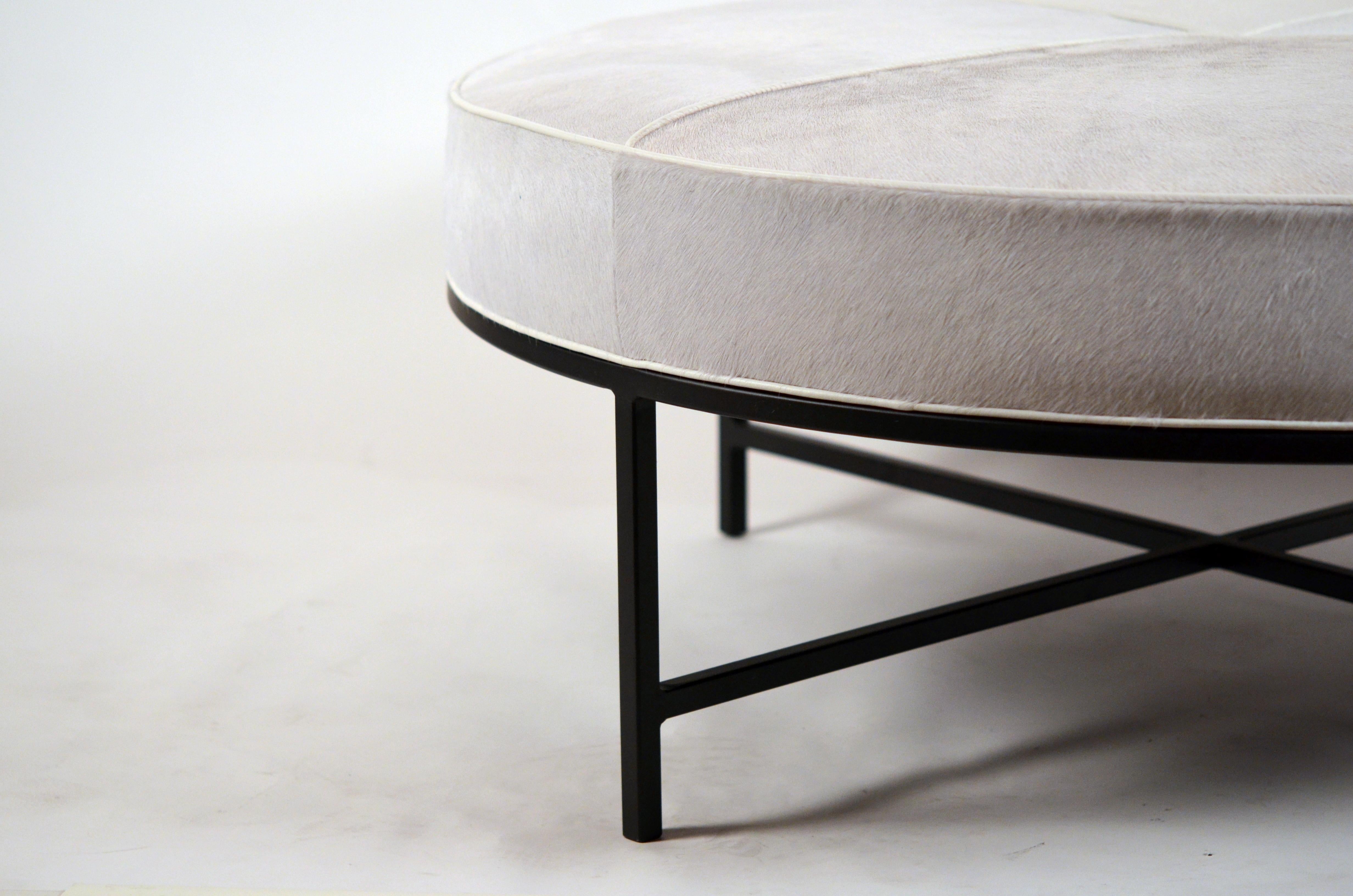 White Hide and Matte Black 'Tambour' Round Ottoman by Design Frères In New Condition For Sale In Los Angeles, CA