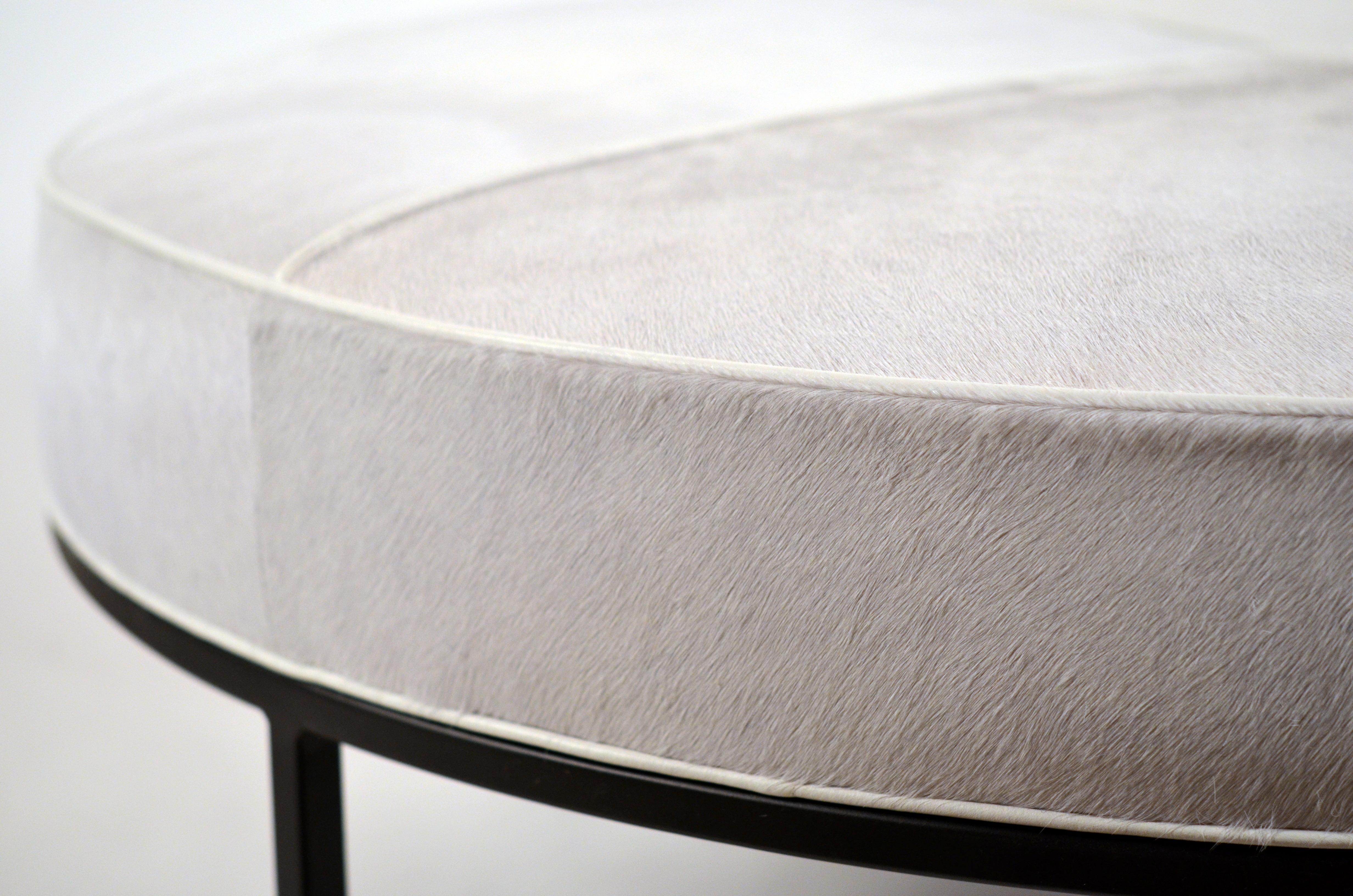 White Hide and Matte Black 'Tambour' Round Ottoman by Design Frères In New Condition For Sale In Los Angeles, CA