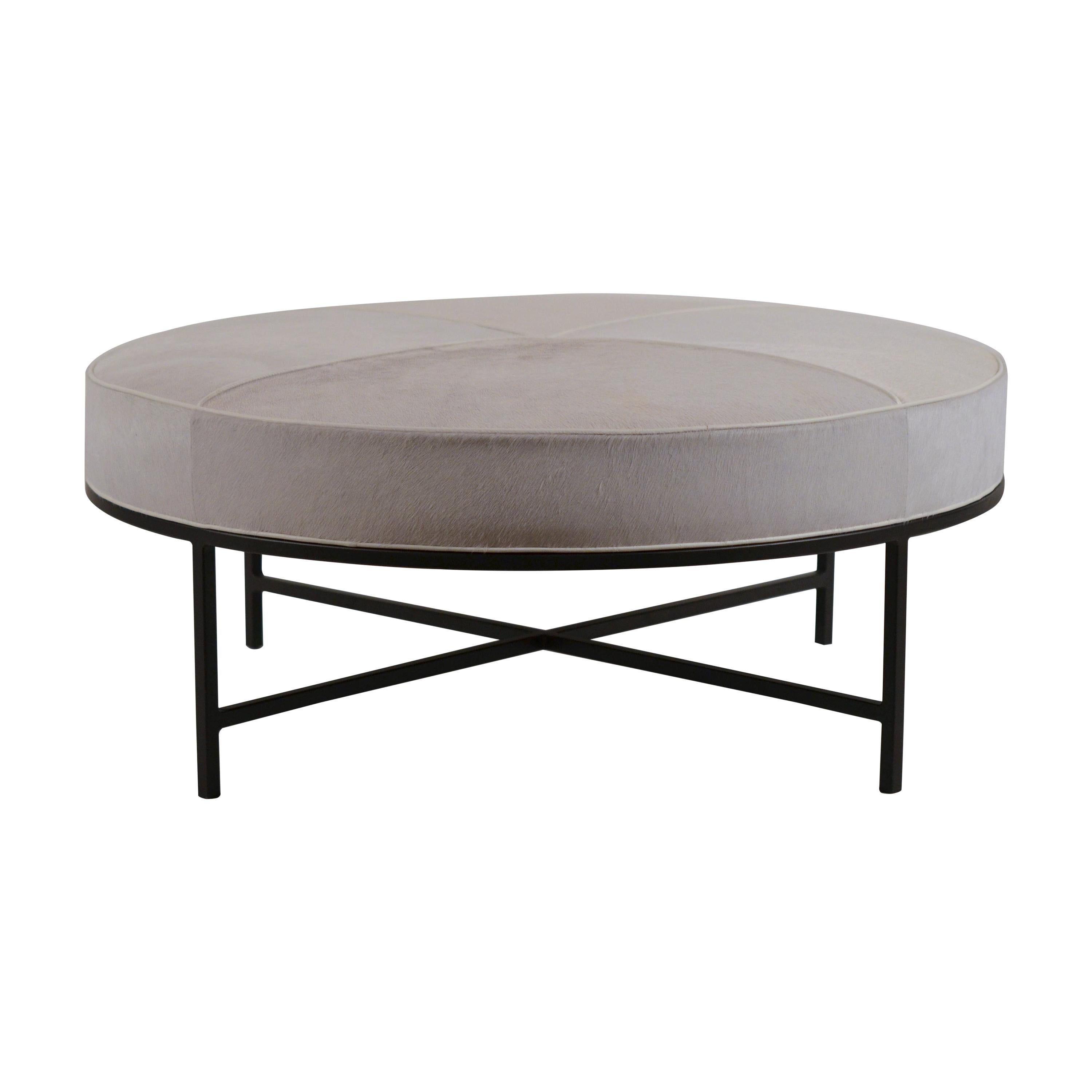 White Hide and Matte Black 'Tambour' Round Ottoman by Design Frères For Sale