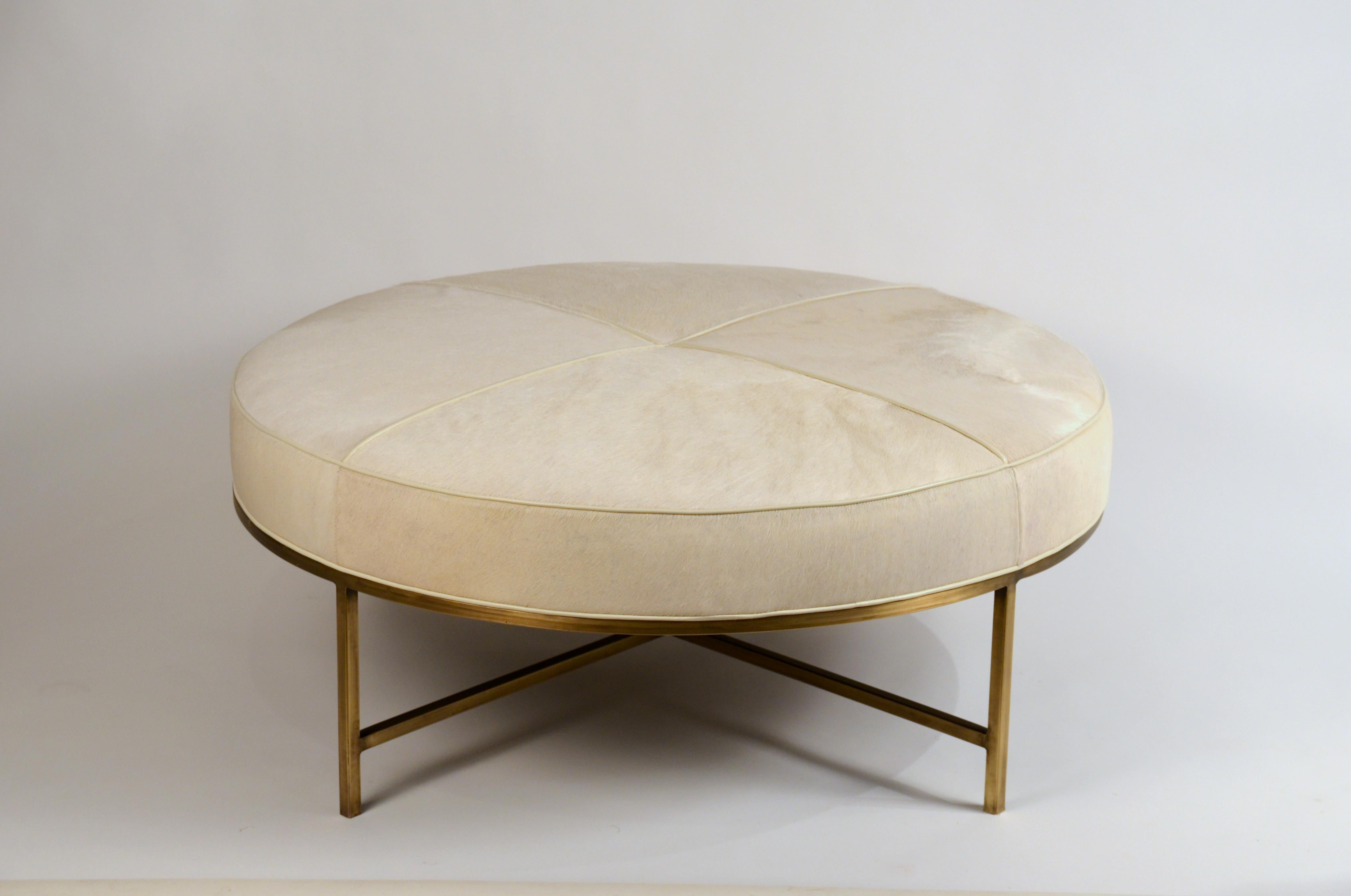 Modern White Hide and Patinated Brass 'Tambour' Ottoman by Design Frères