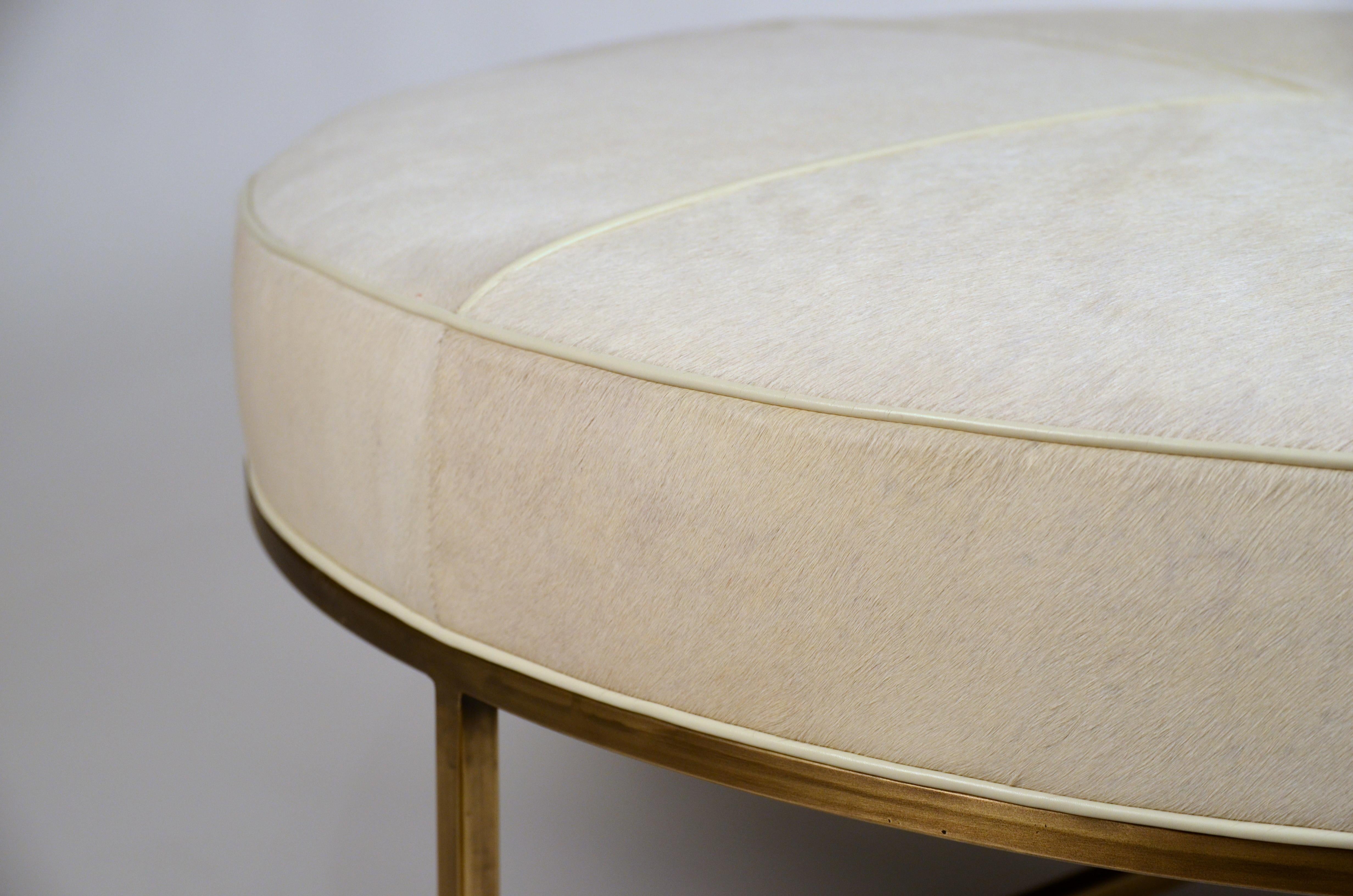 White Hide and Patinated Brass 'Tambour' Ottoman by Design Frères In New Condition For Sale In Los Angeles, CA