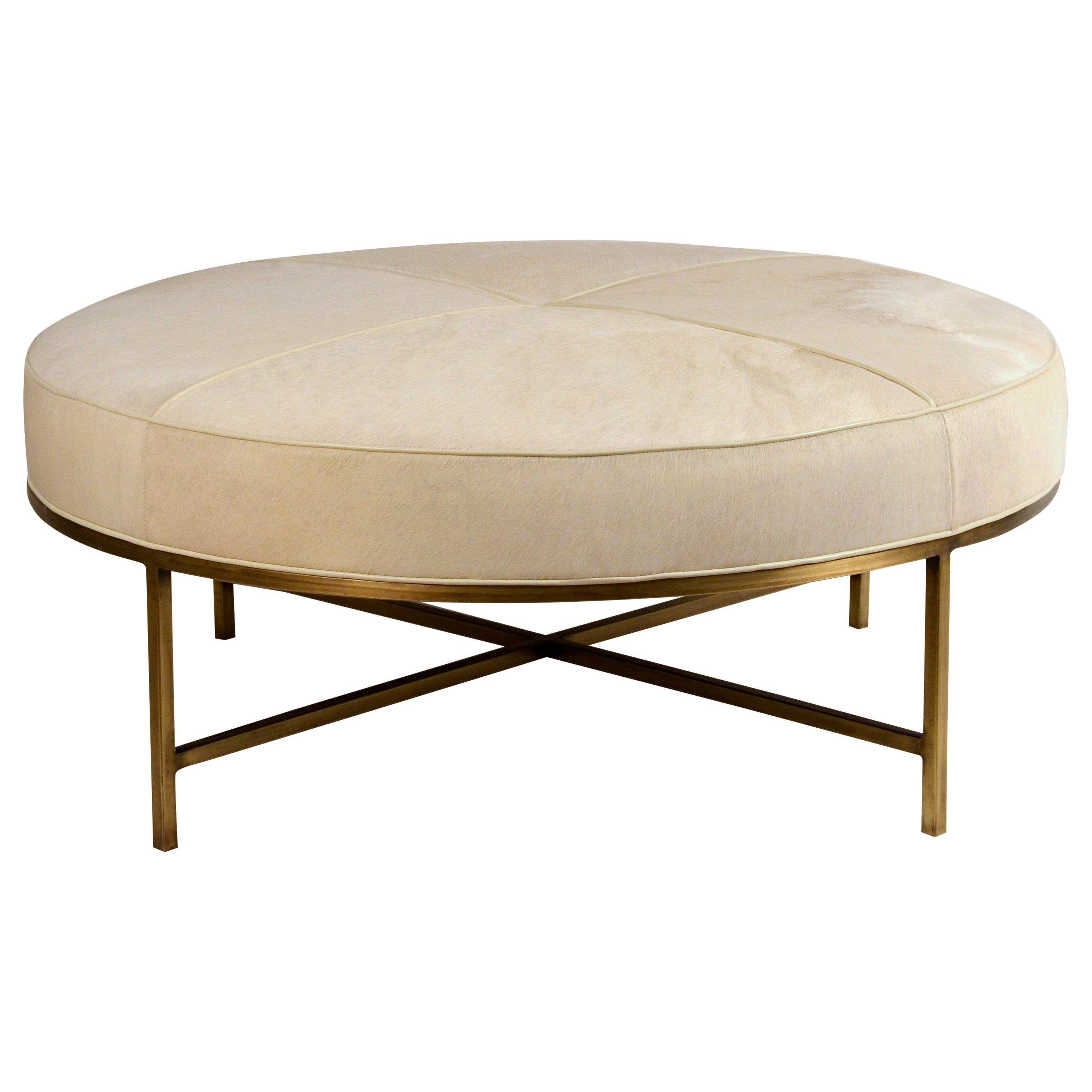 White Hide and Patinated Brass 'Tambour' Ottoman by Design Frères