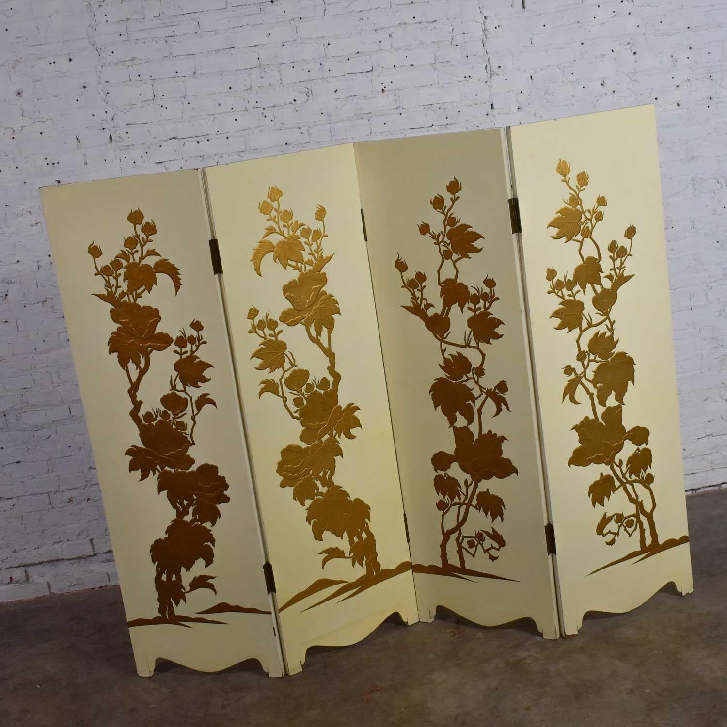 White Hollywood Regency Boho Chic 4 Panel Folding Screen Floral Embossed Design For Sale 3