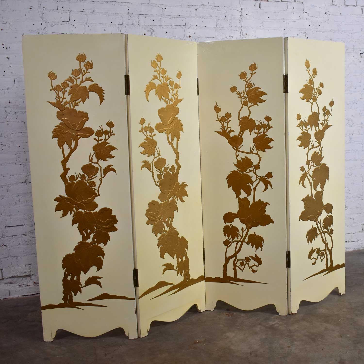 White Hollywood Regency Boho Chic 4 Panel Folding Screen Floral Embossed Design For Sale 4