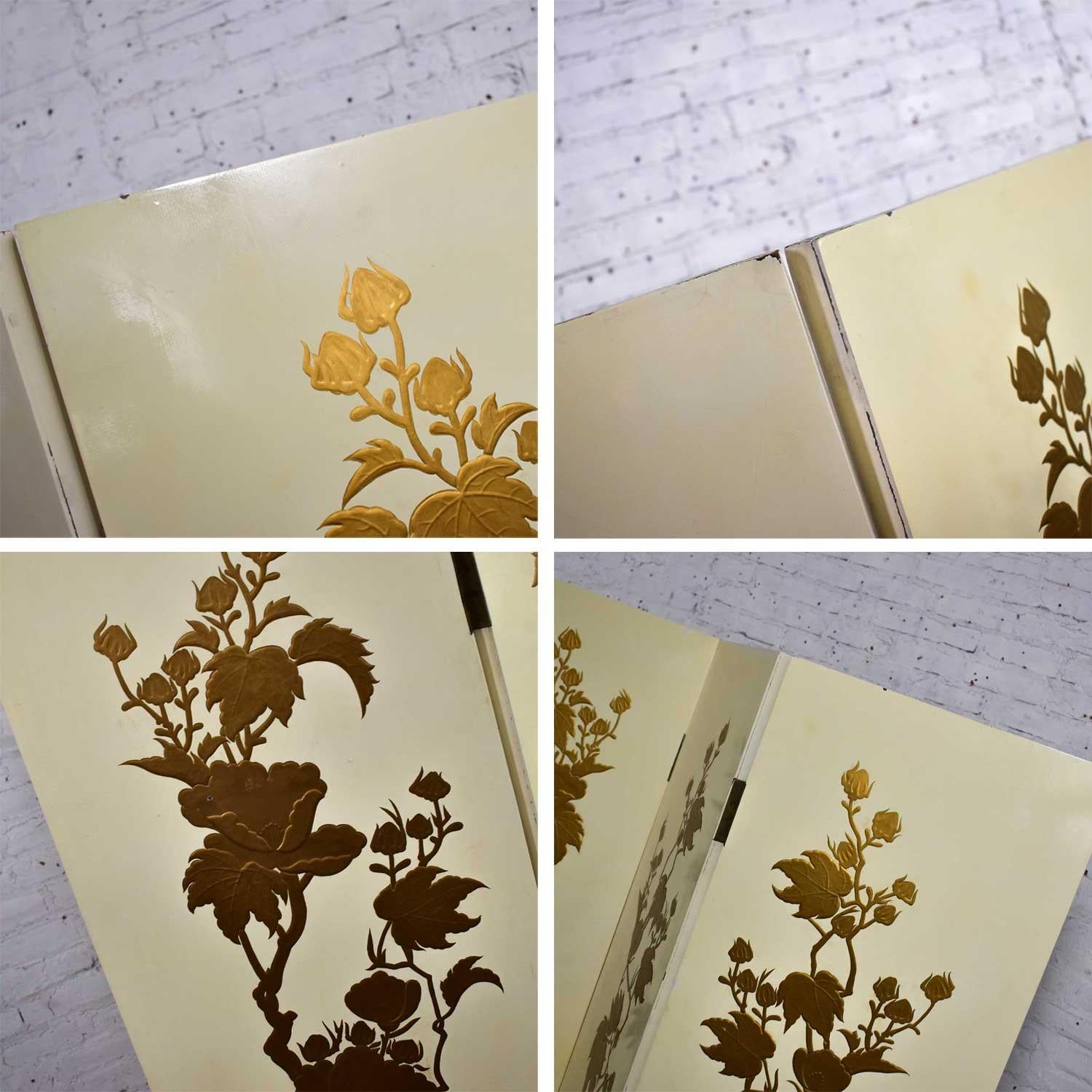 White Hollywood Regency Boho Chic 4 Panel Folding Screen Floral Embossed Design For Sale 7