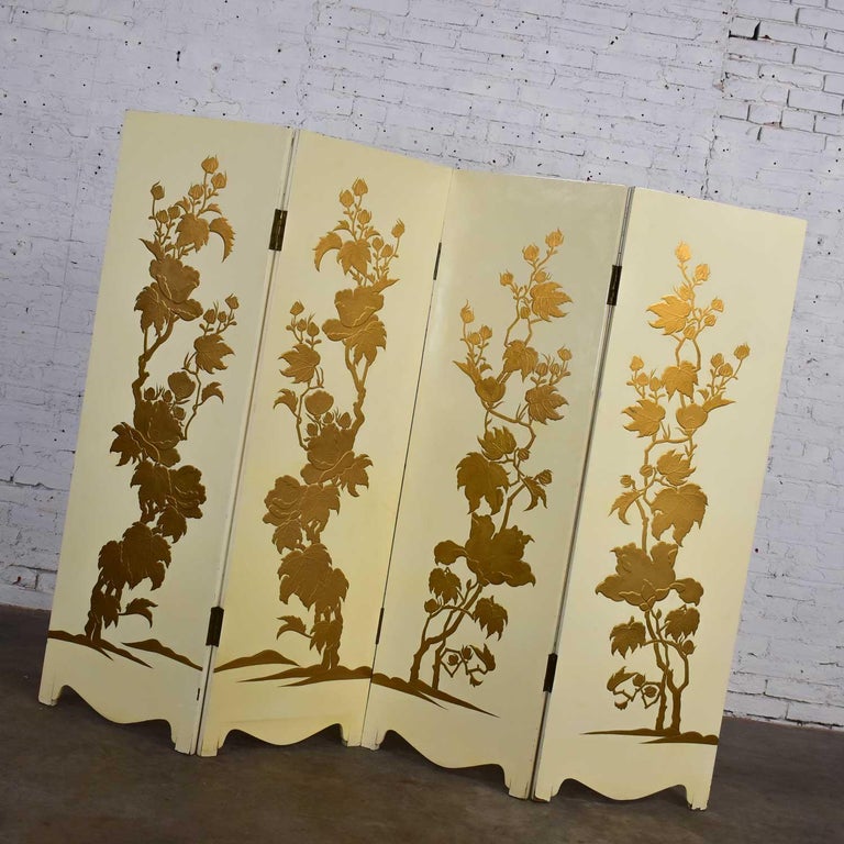 White Hollywood Regency Boho Chic 4 Panel Folding Screen Floral ...