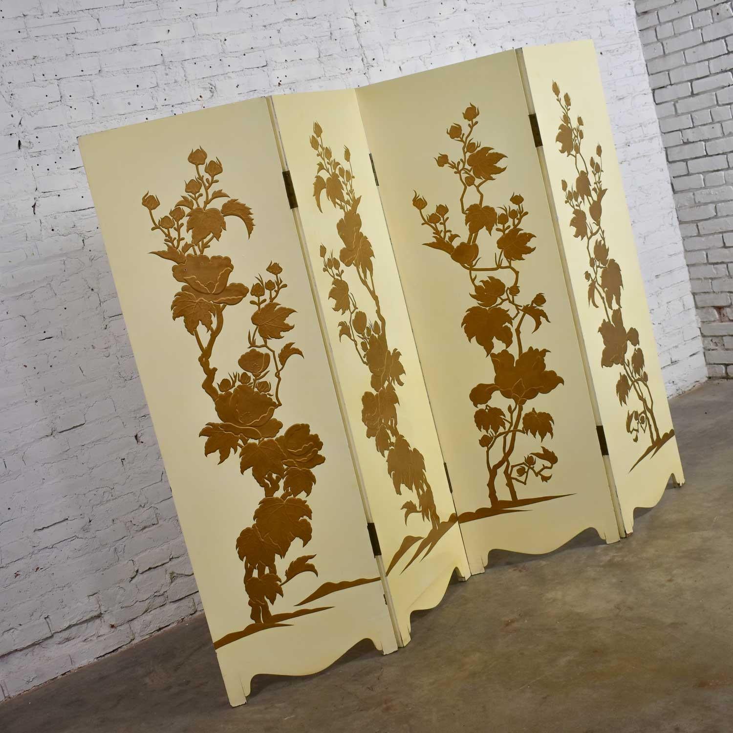White Hollywood Regency Boho Chic 4 Panel Folding Screen Floral Embossed Design For Sale 1