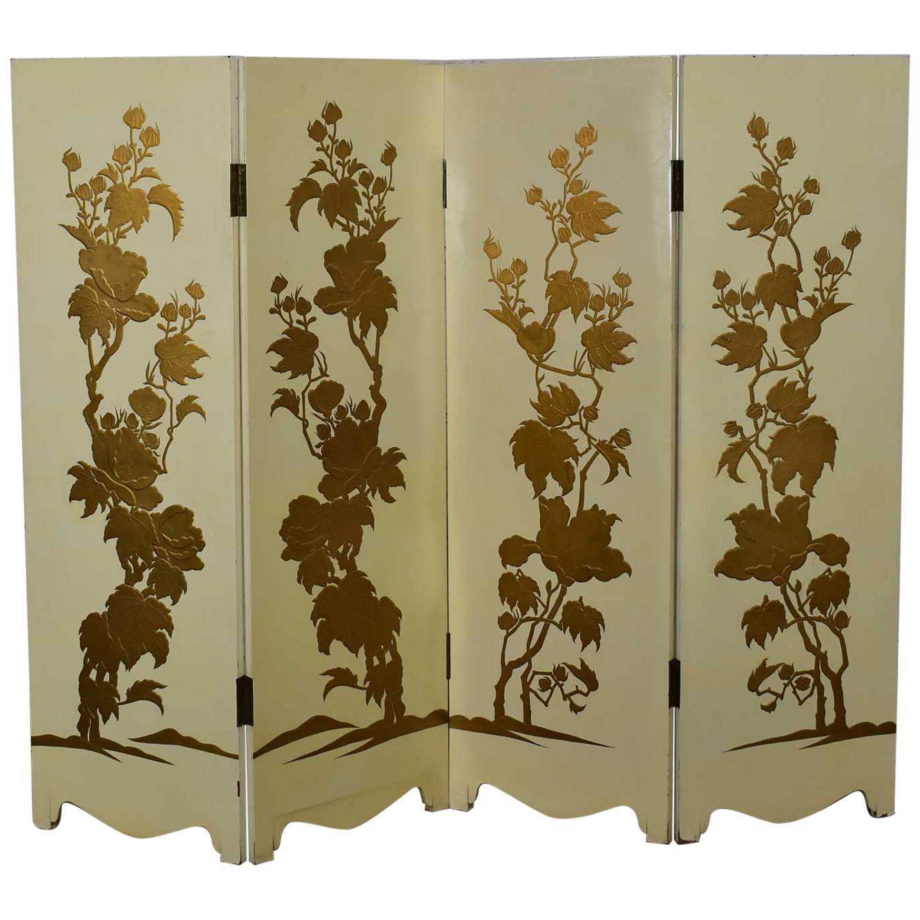 White Hollywood Regency Boho Chic 4 Panel Folding Screen Floral Embossed Design