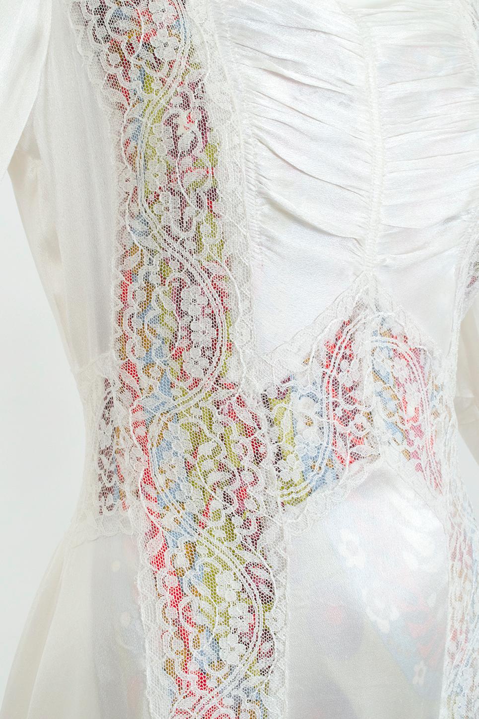 Fast nacktes weißes Satin-Deko-Hochzeitskleid aus Satin mit transparenten Spitzeneinsätzen aus Satin - XS, 1930er Jahre im Angebot 5