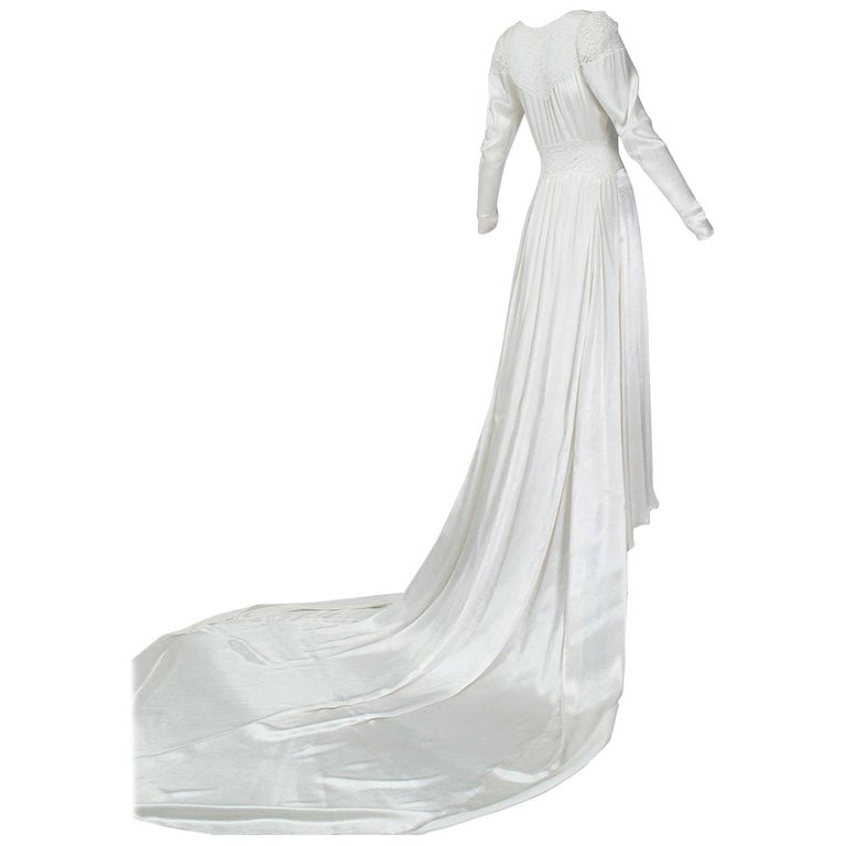 White Hollywood Regency Illusion Wedding Gown with Cathedral Train - XS, 1930s For Sale