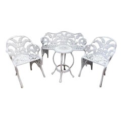 White Hollywood Regency Wrought Iron Patio Furniture Set in Fern or Palm Design